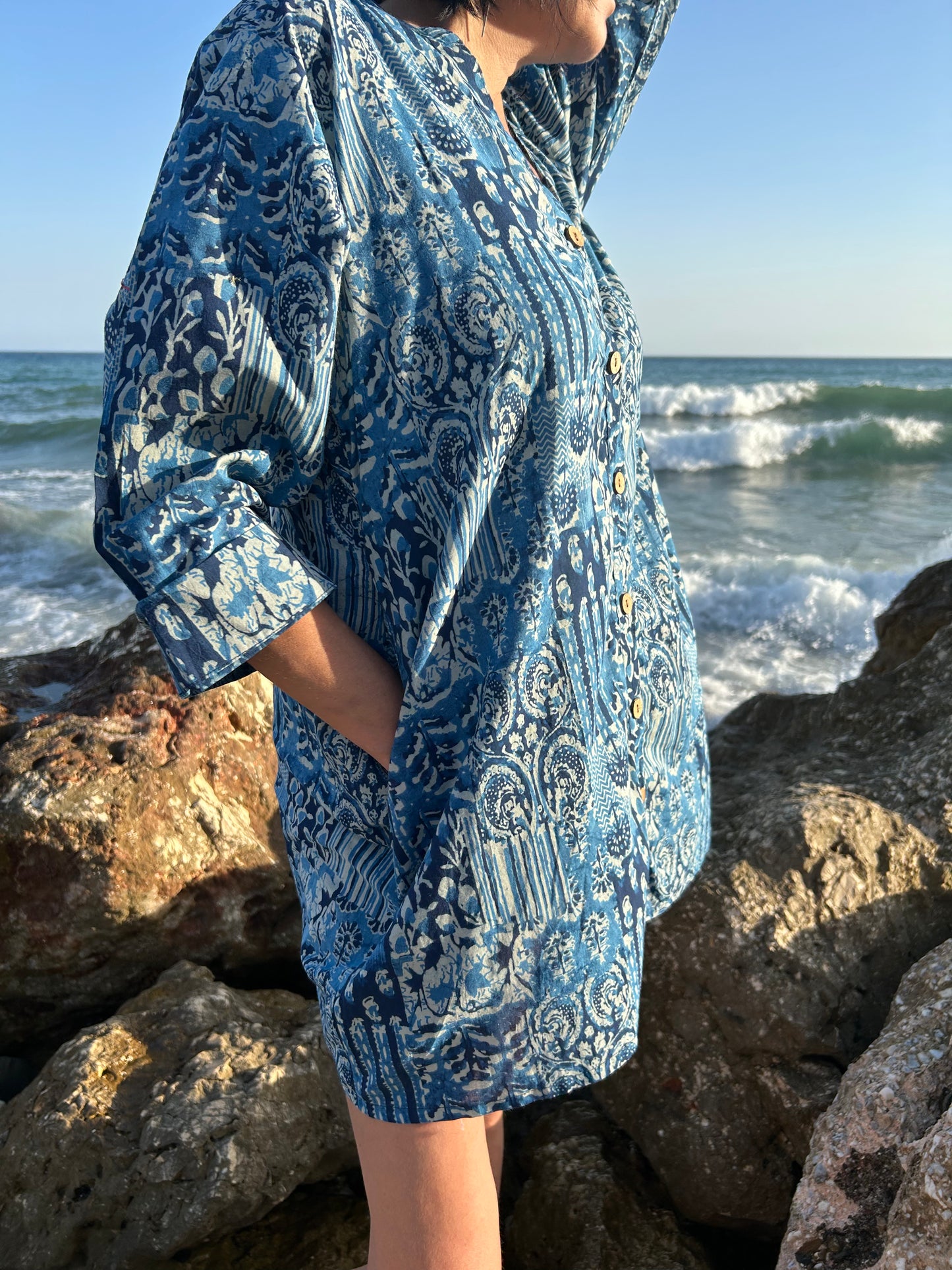 Blue Mixed tiles button down cotton shirt