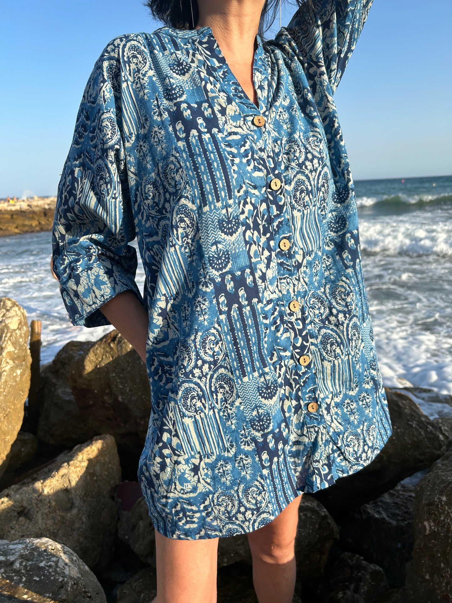 Blue Mixed tiles button down cotton shirt