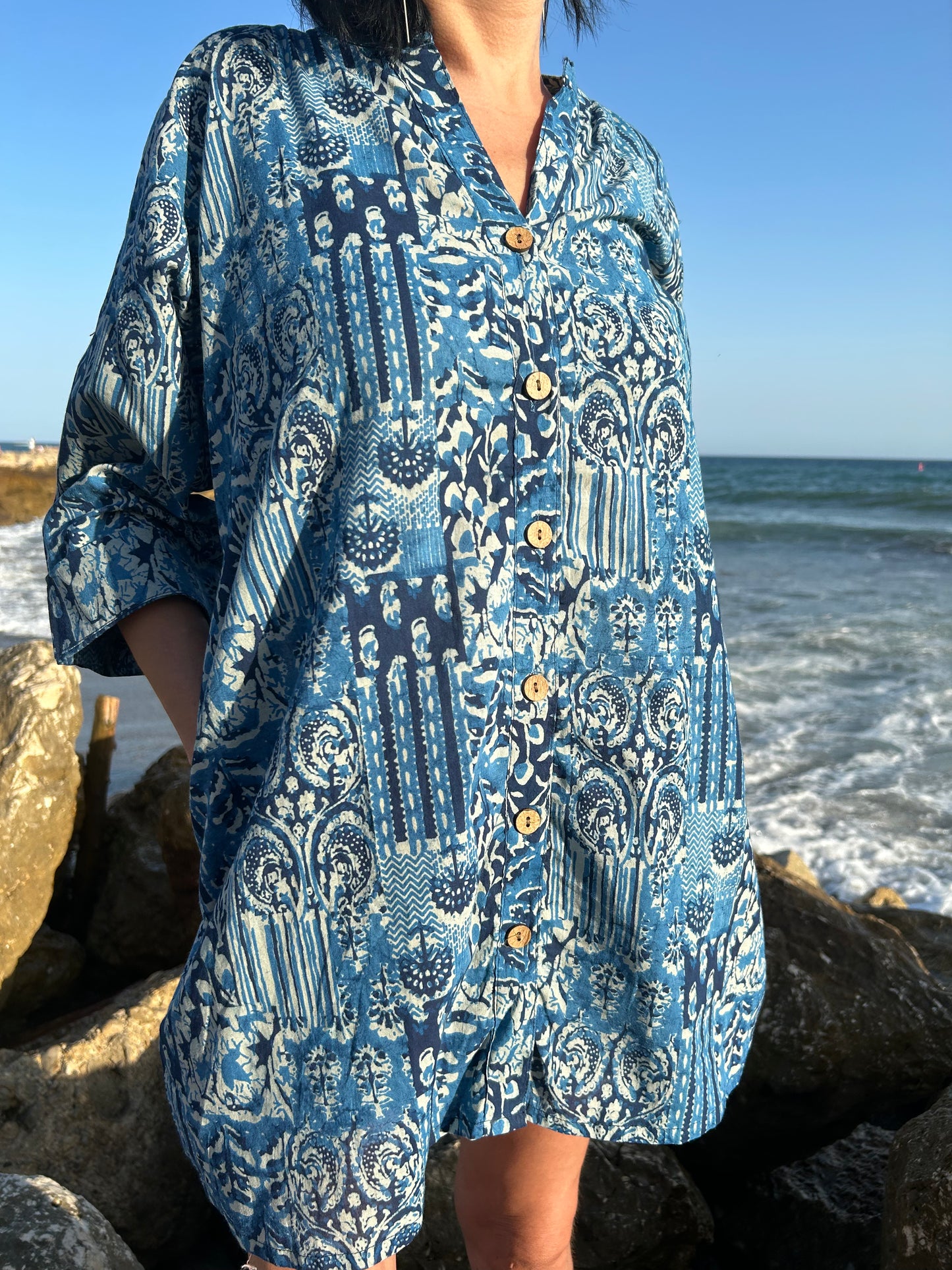 Blue Mixed tiles button down cotton shirt