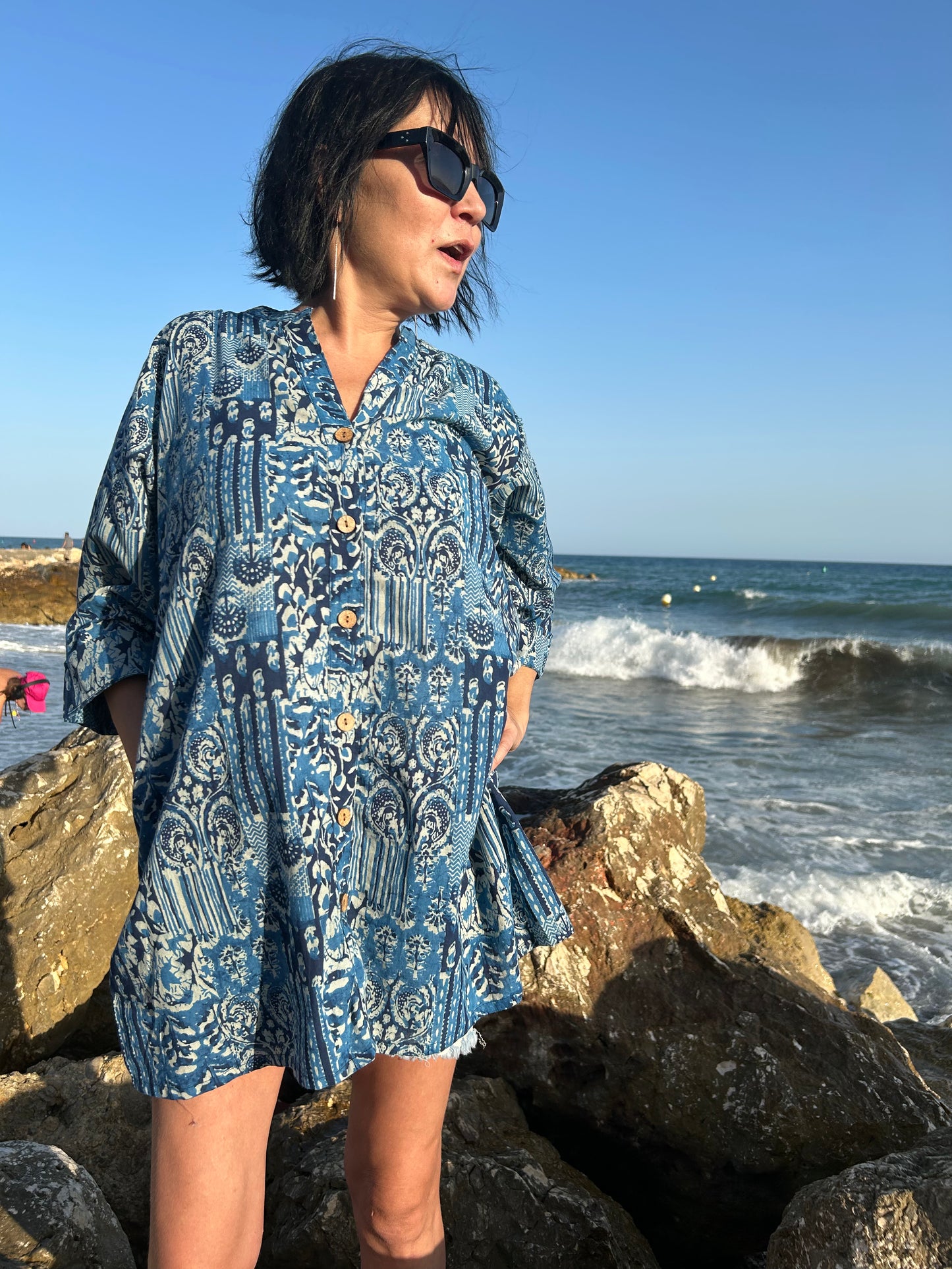 Blue Mixed tiles button down cotton shirt