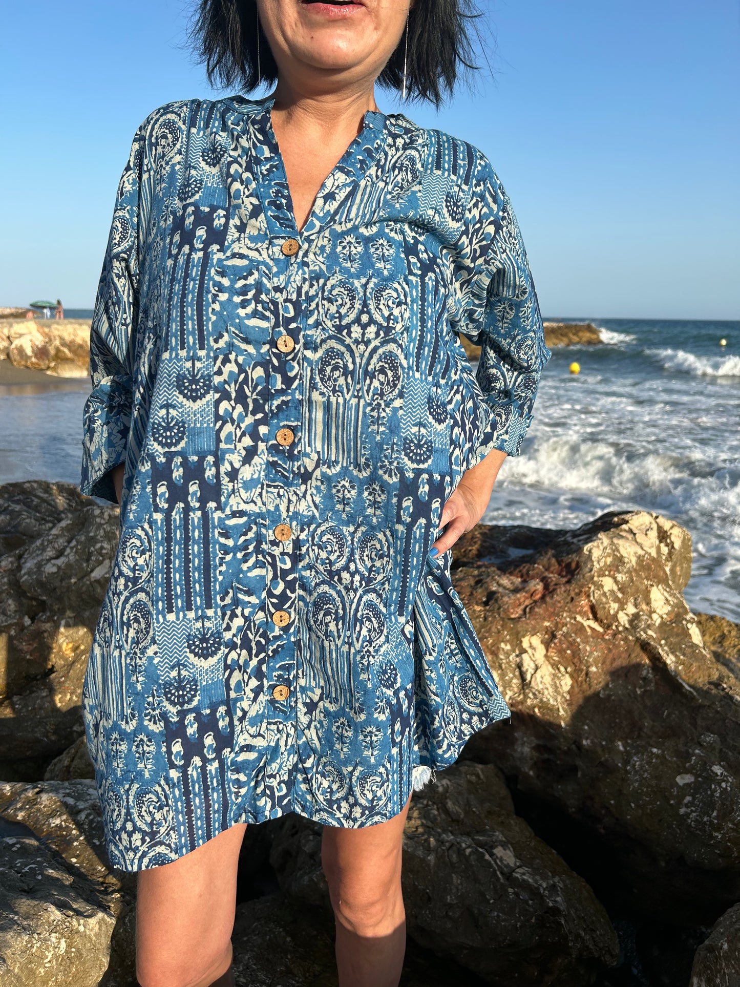 Blue Mixed tiles button down cotton shirt