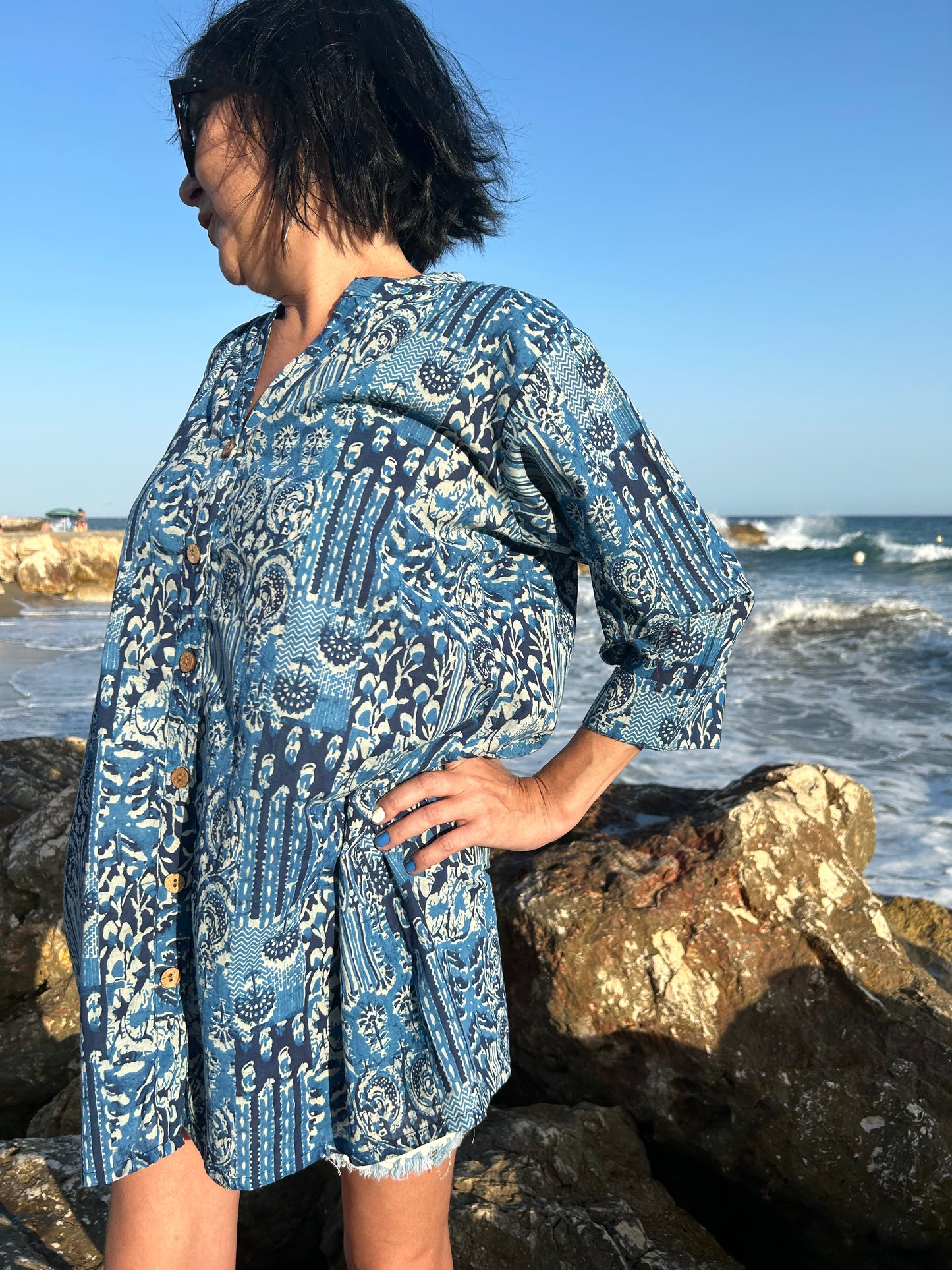 Blue Mixed tiles button down cotton shirt