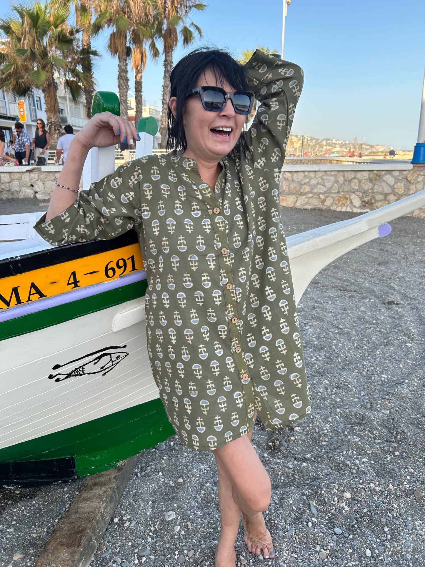 Green floral button down cotton shirt