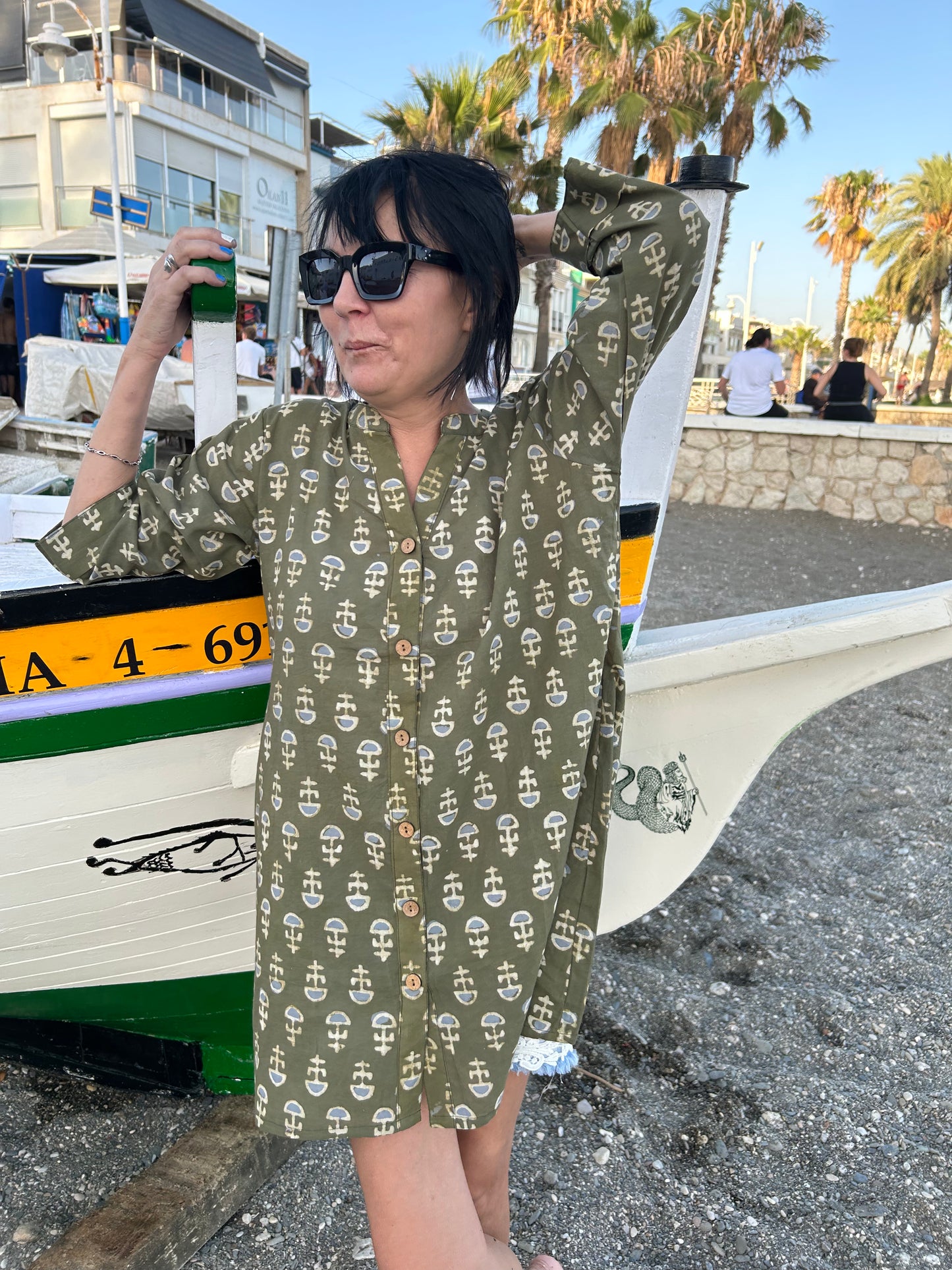 Green floral button down cotton shirt