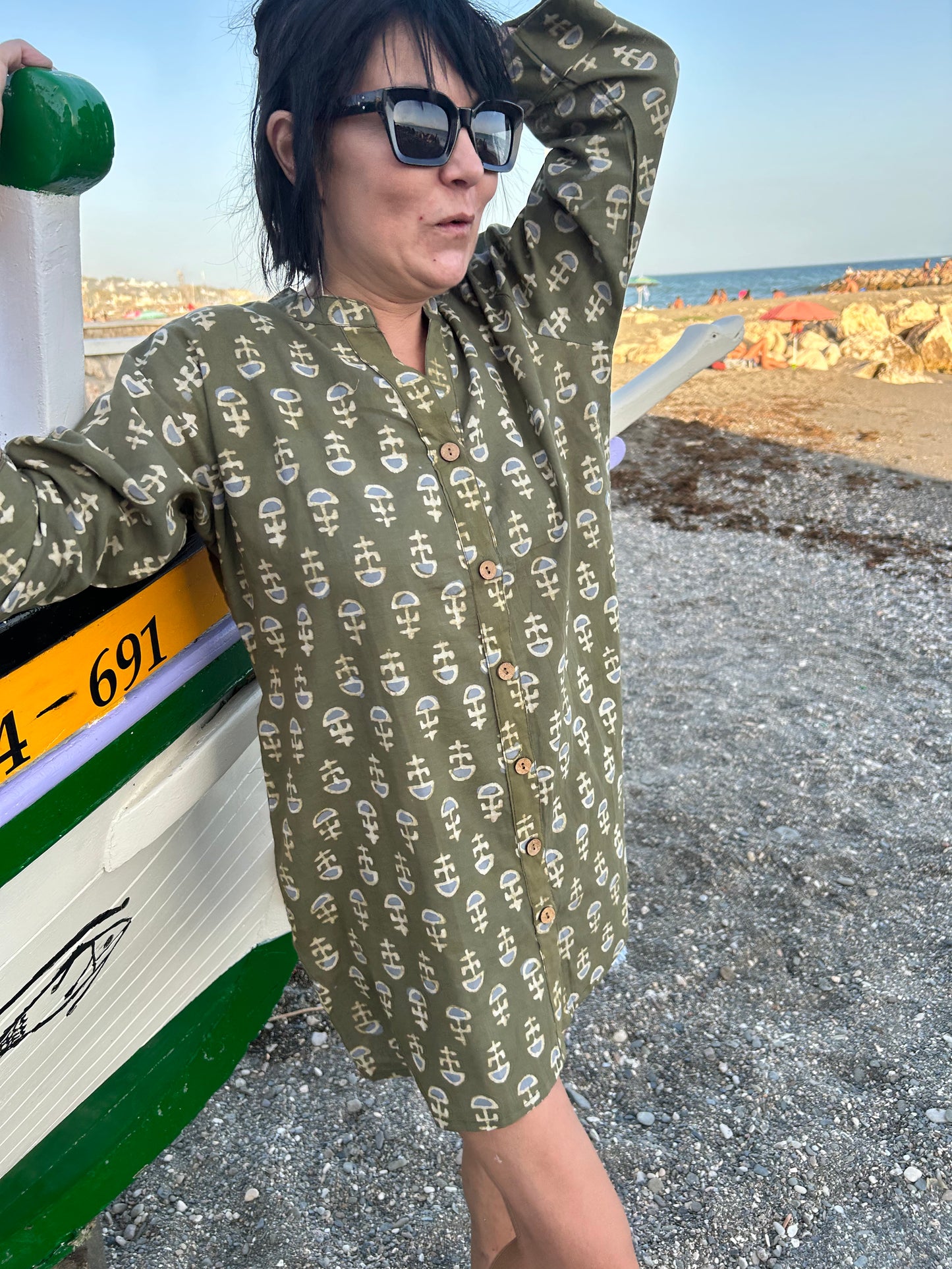 Green floral button down cotton shirt