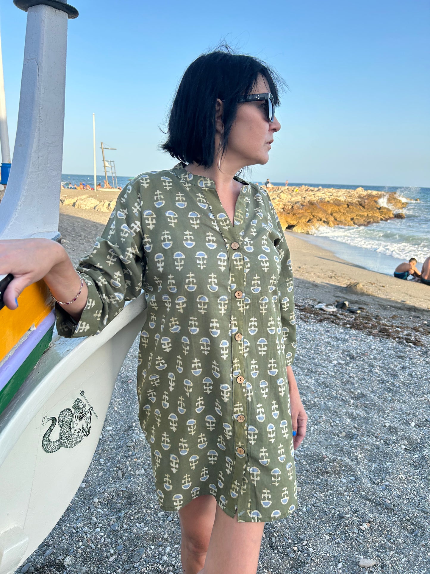 Green floral button down cotton shirt