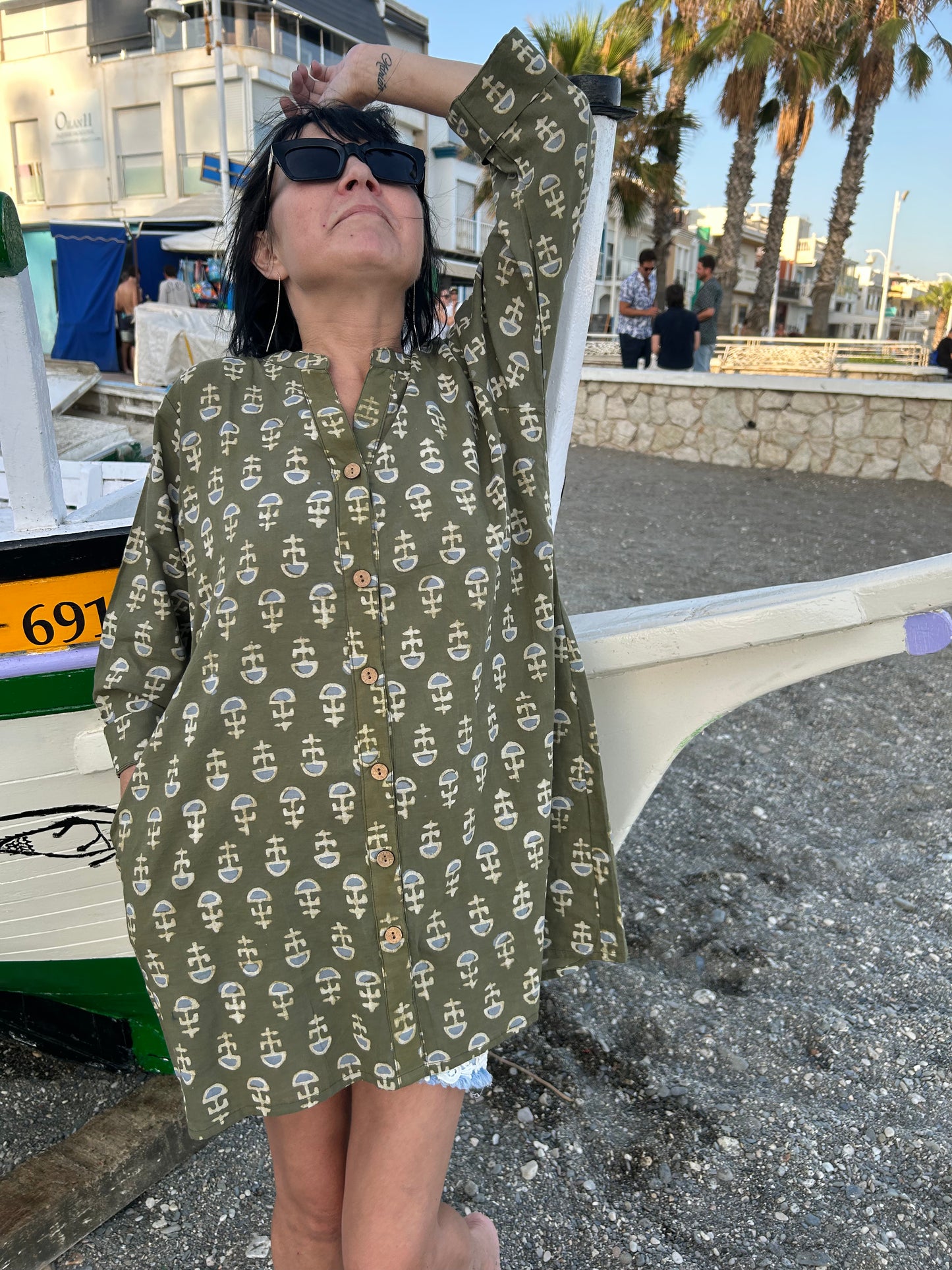 Green floral button down cotton shirt