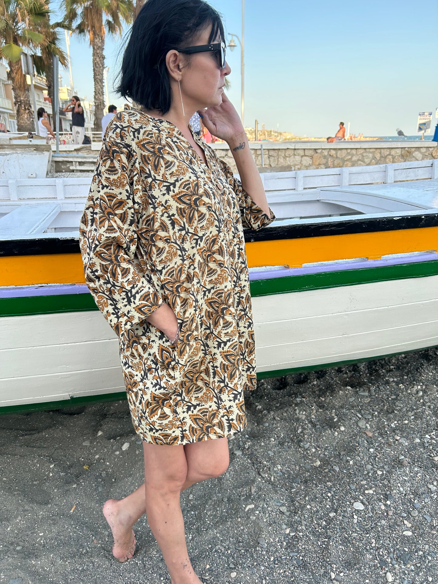 Beige floral cotton button down dress