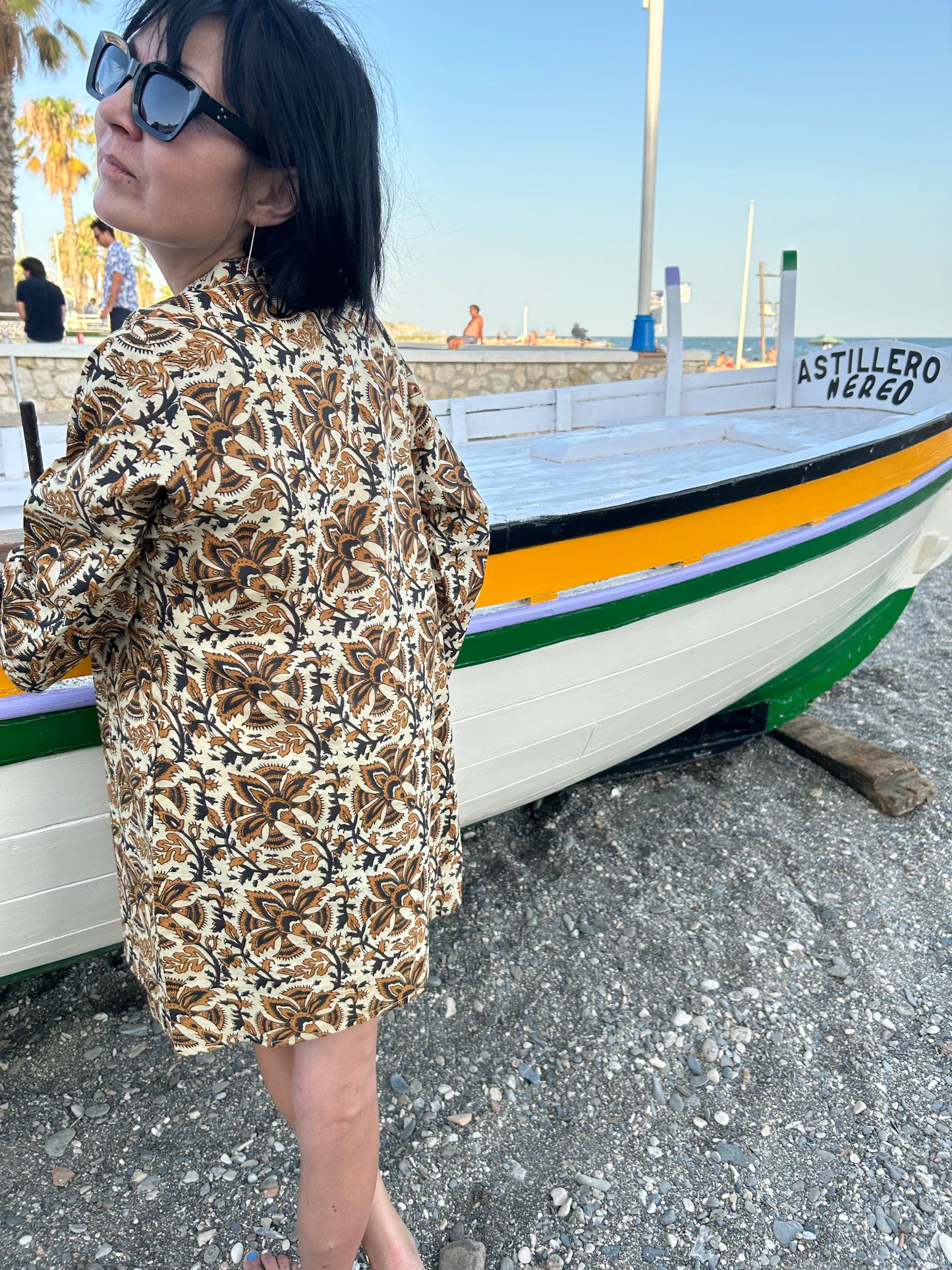 Beige floral cotton button down dress