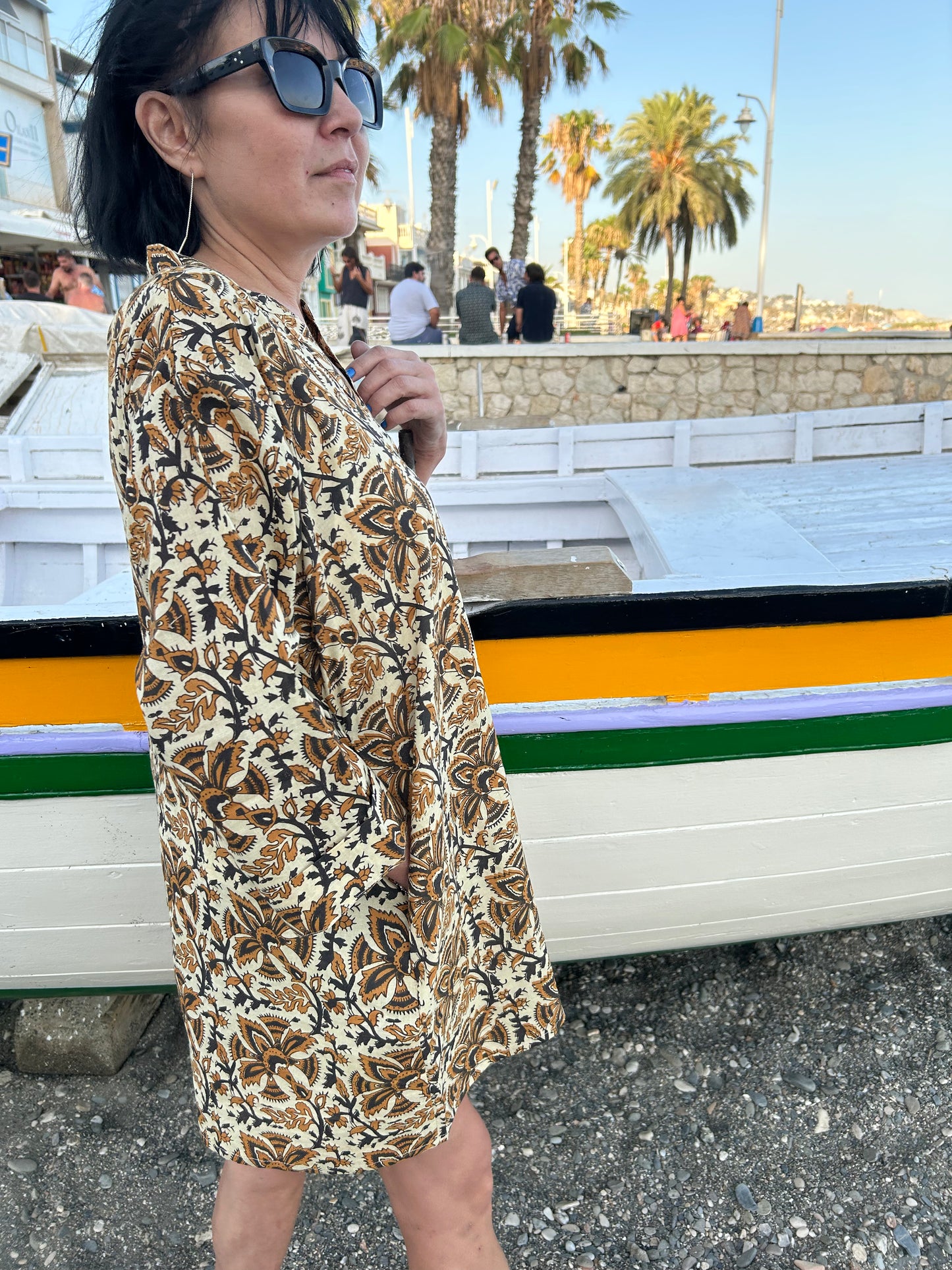 Beige floral cotton button down dress