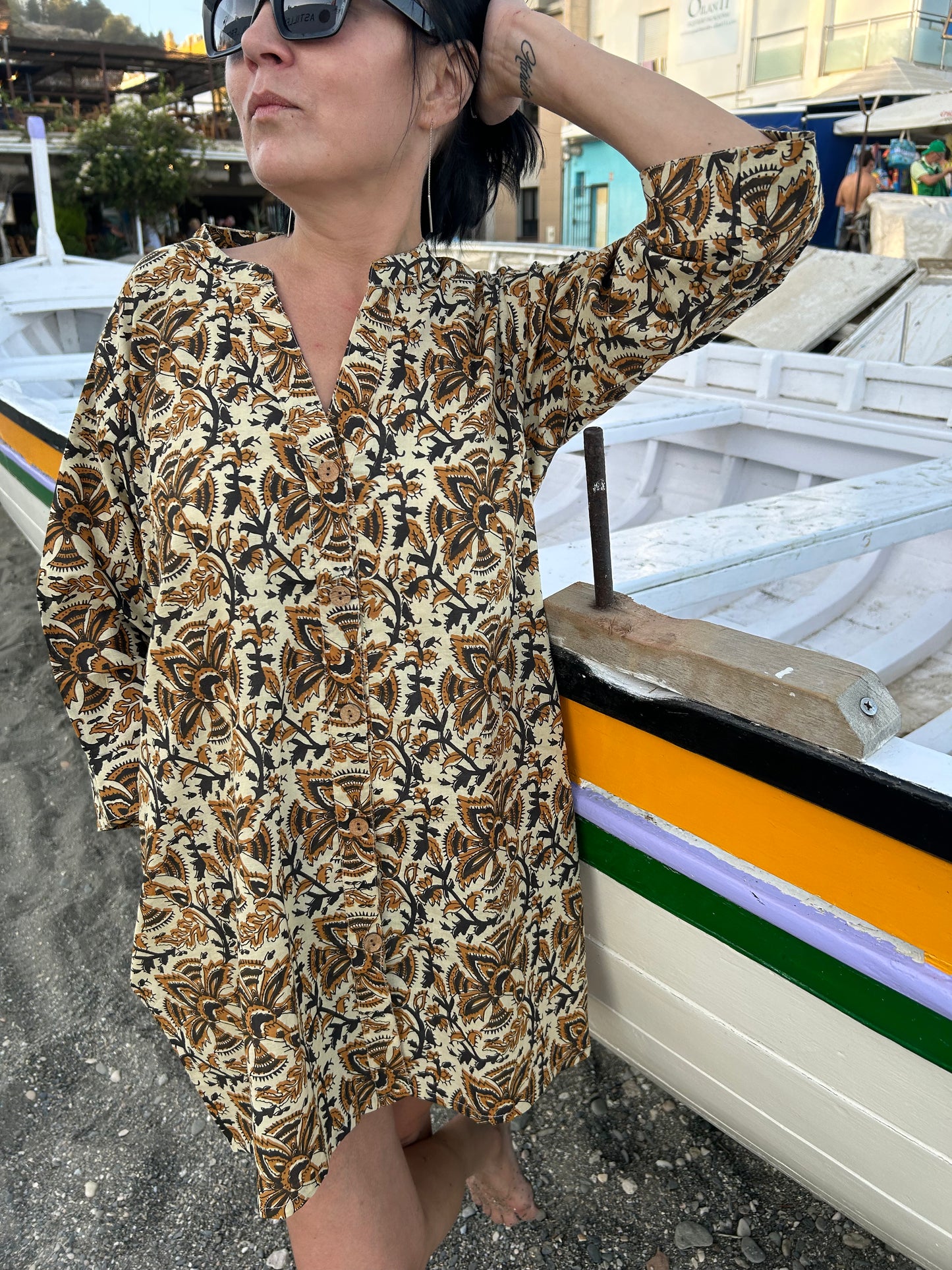 Beige floral cotton button down dress