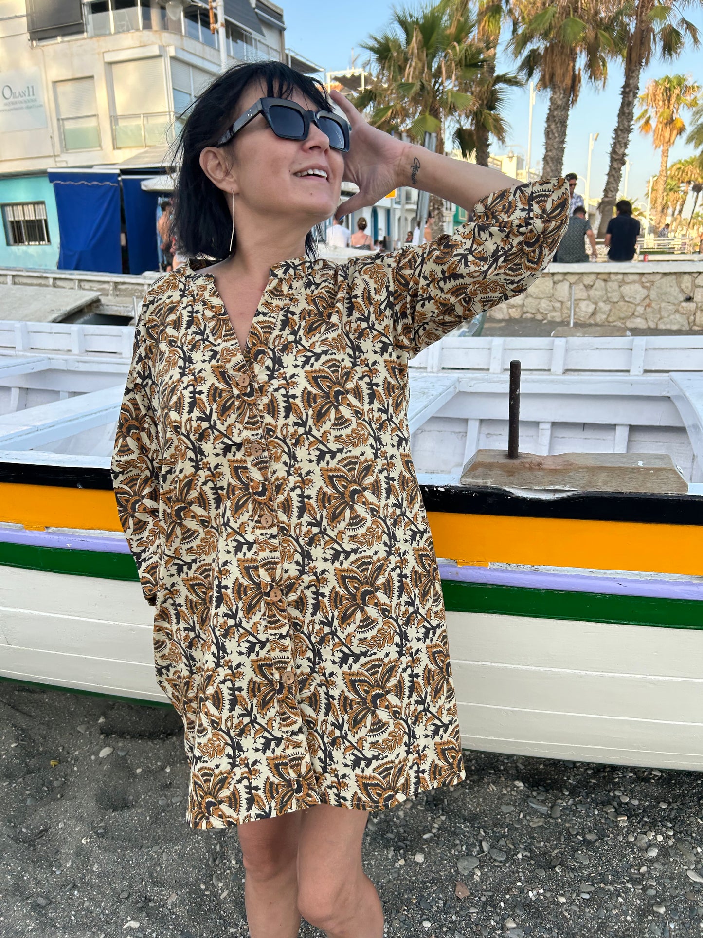 Beige floral cotton button down dress