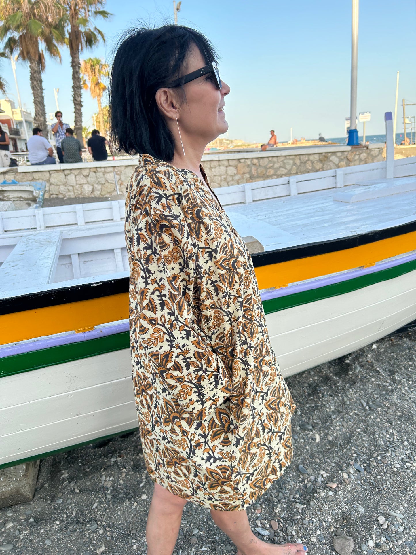 Beige floral cotton button down dress