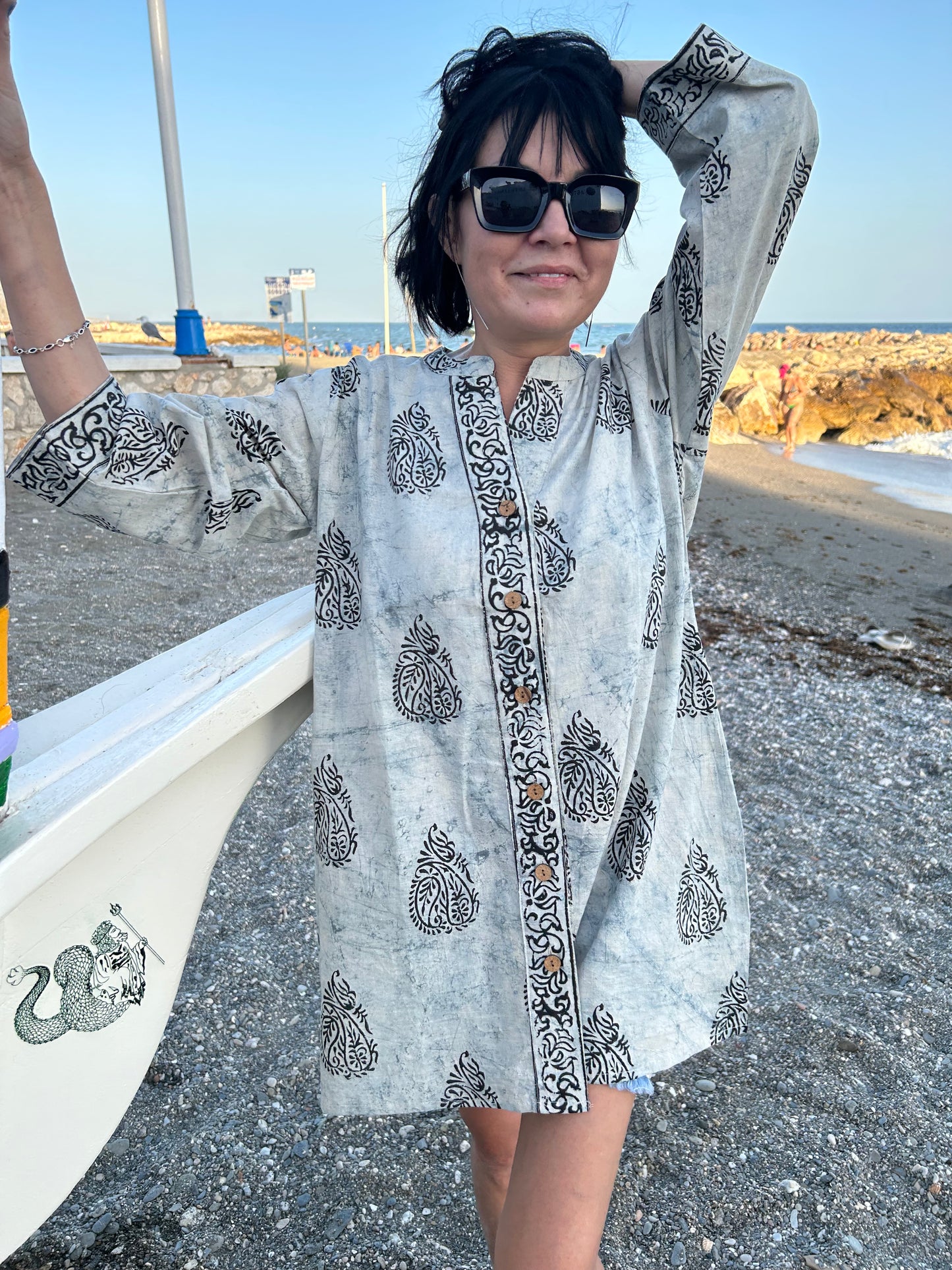 Black Gray button down cotton tunic