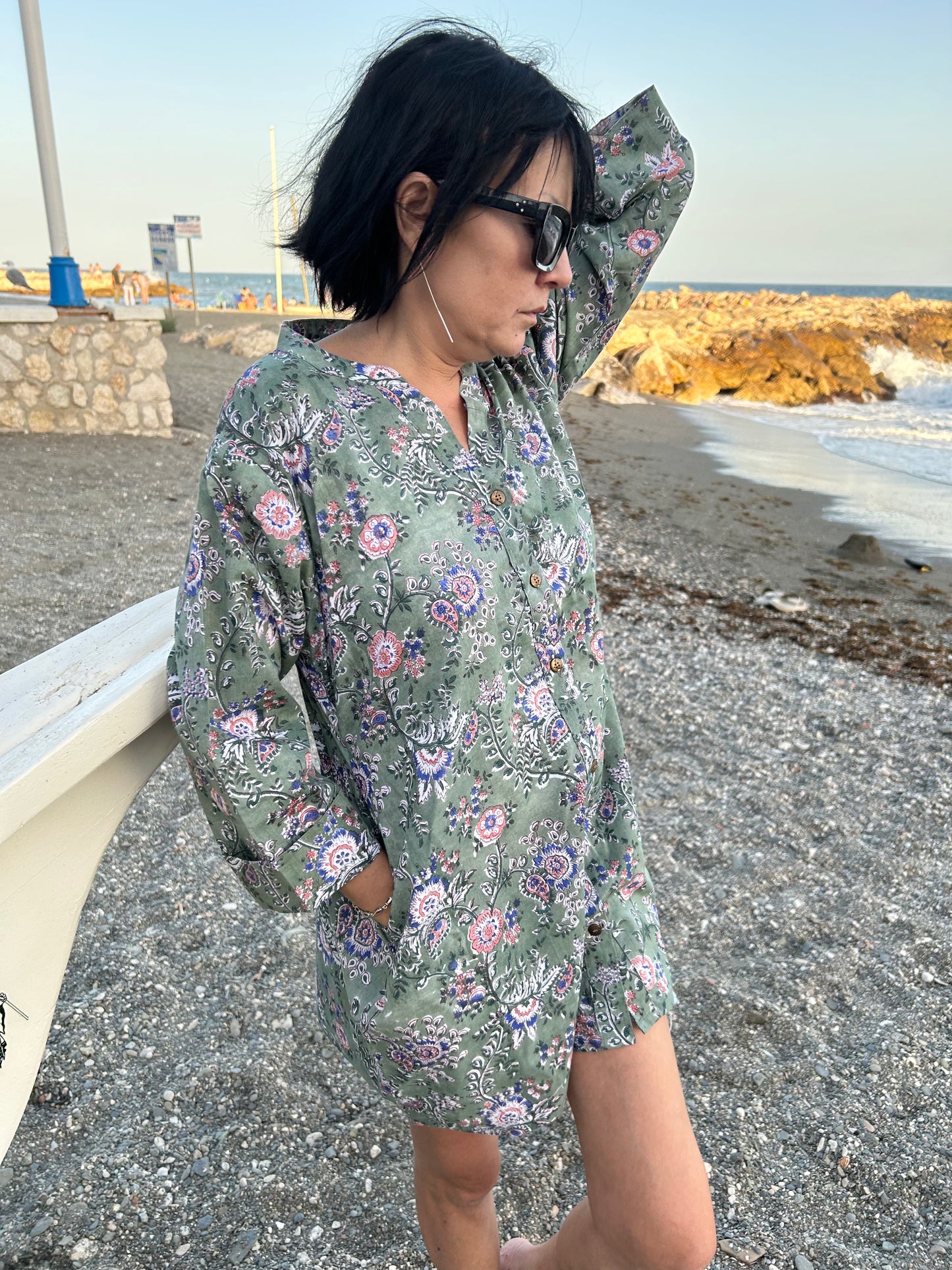 green floral button down cotton shirt