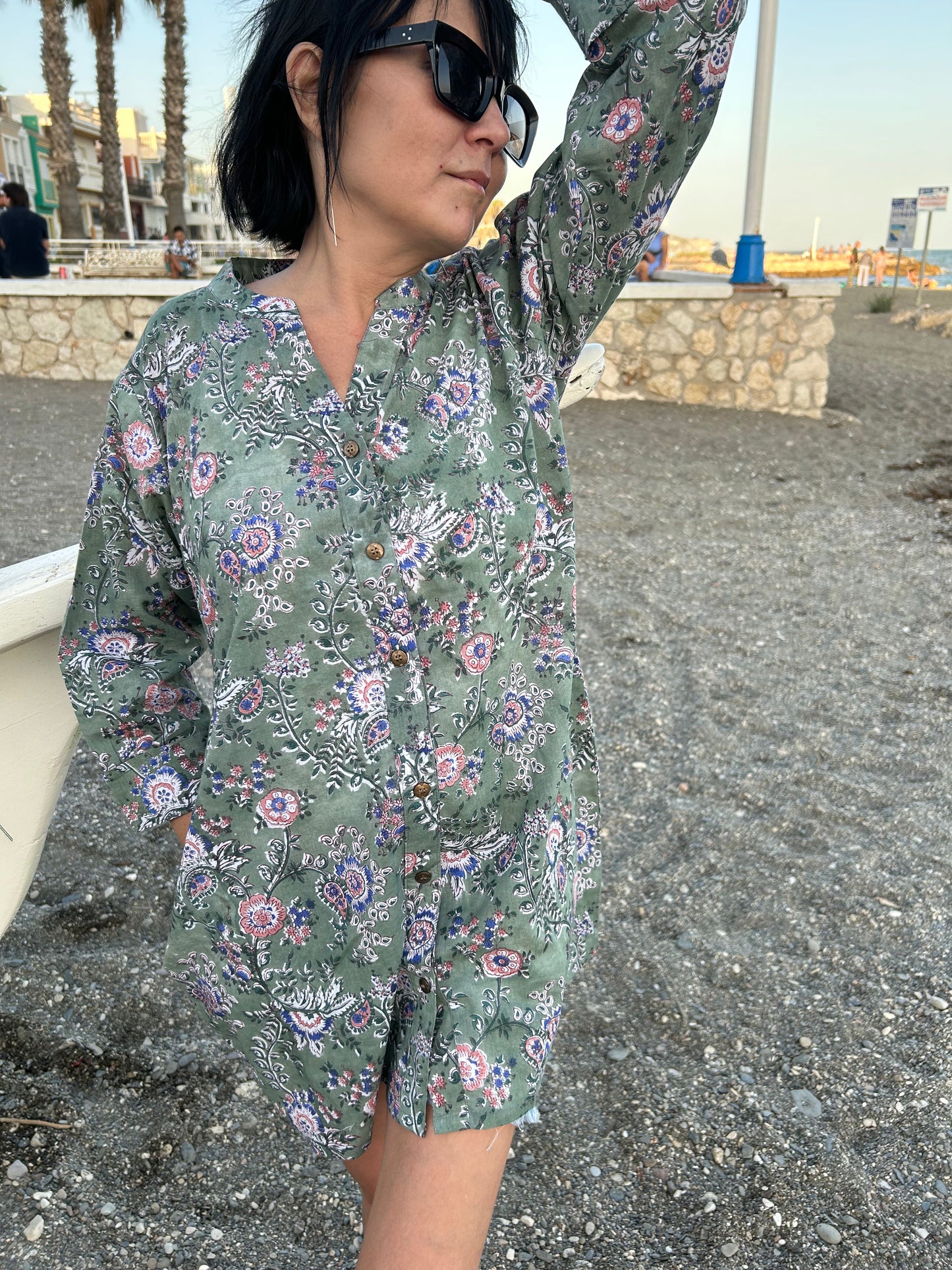 green floral button down cotton shirt