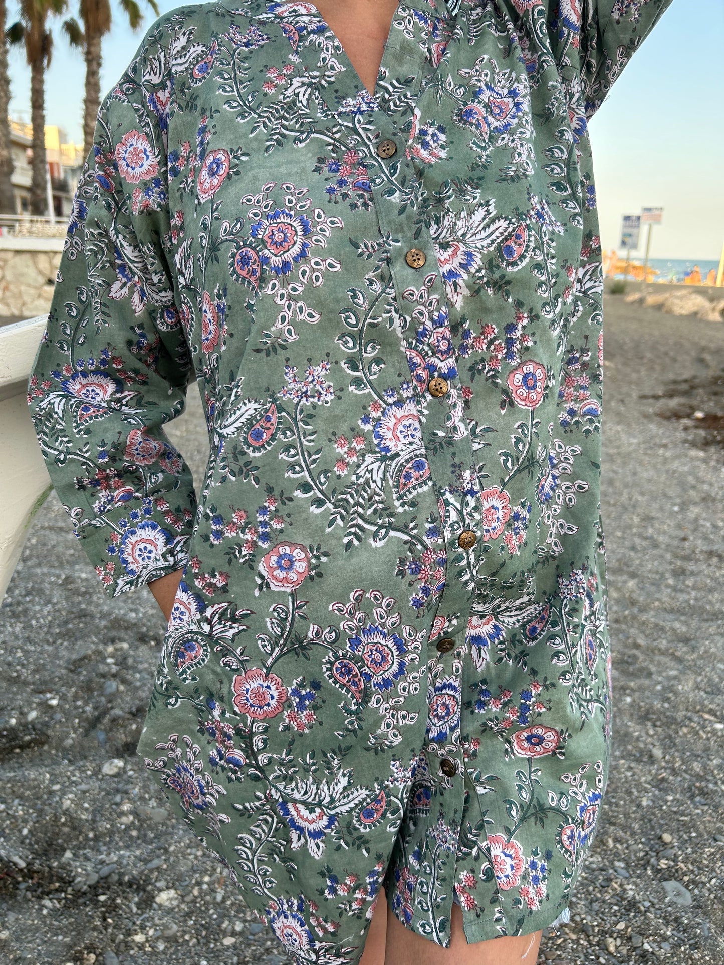 green floral button down cotton shirt