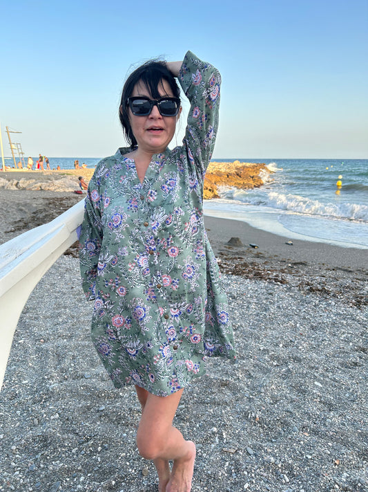 green floral button down cotton shirt