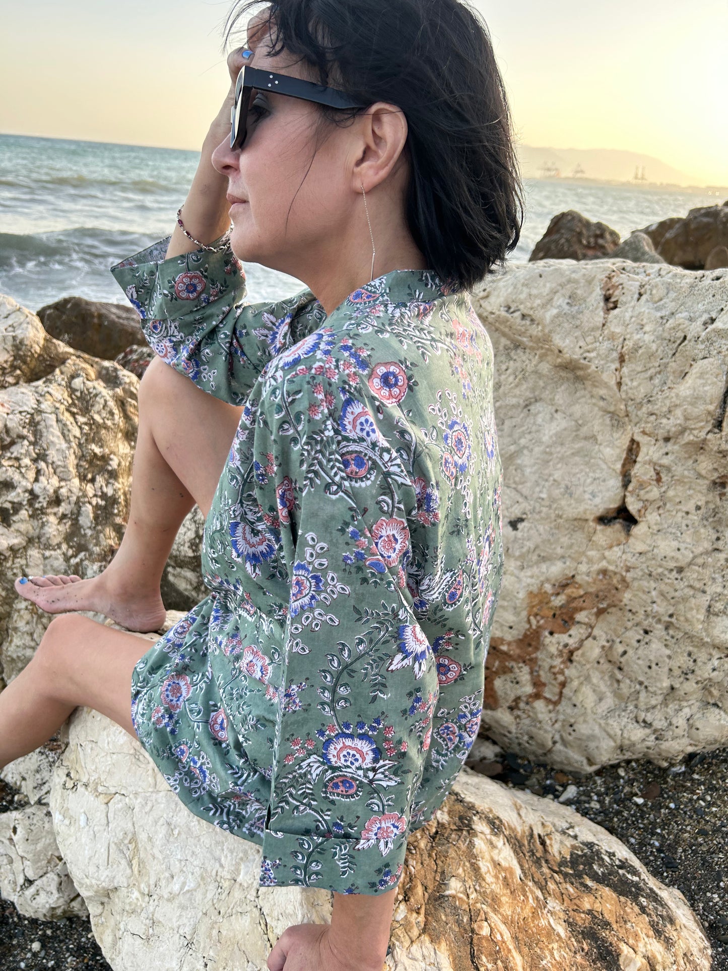 green floral button down cotton shirt