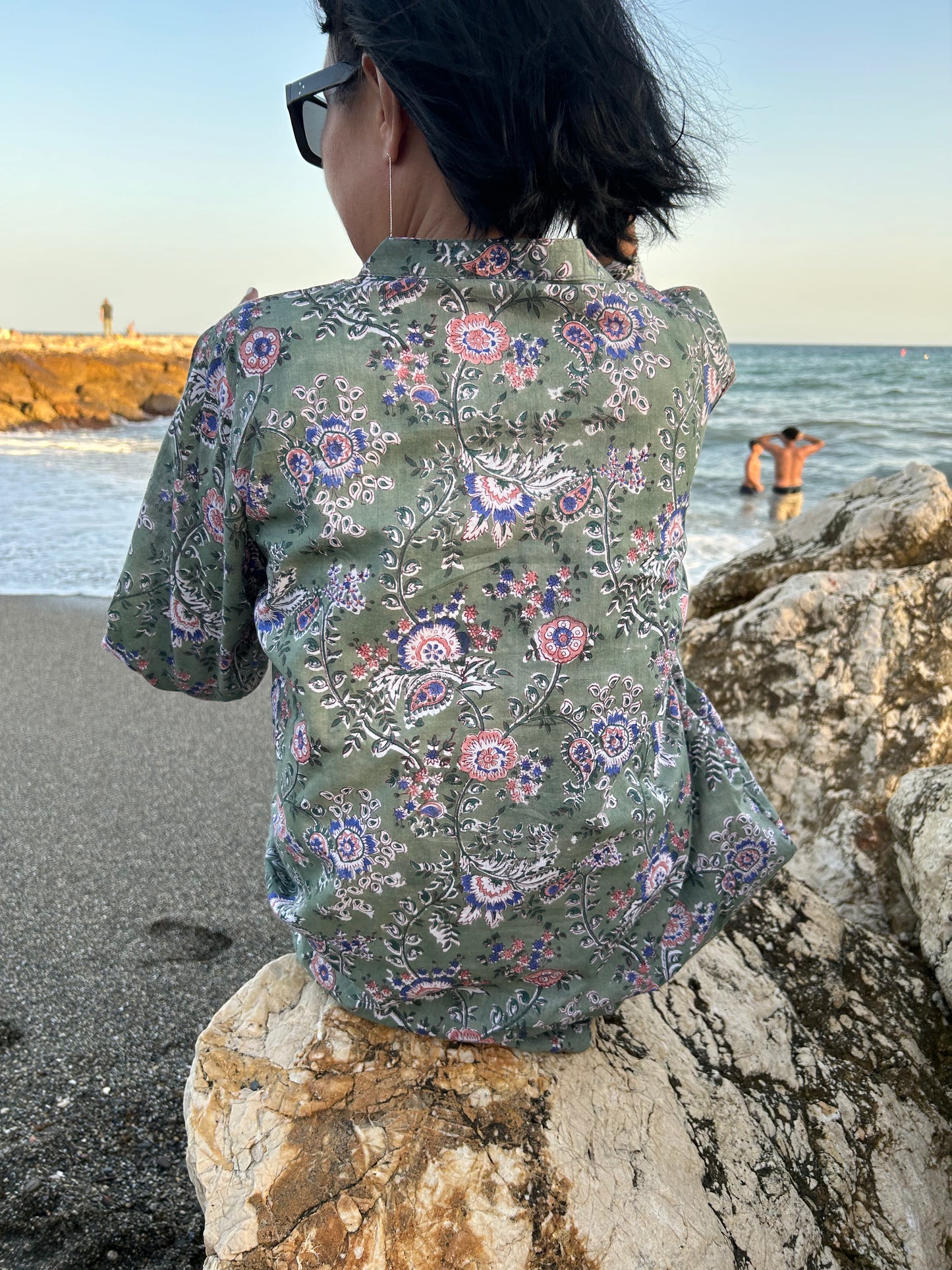 green floral button down cotton shirt