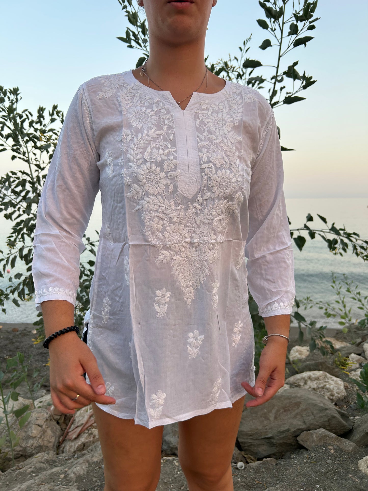 white hand embroidered cotton tunic