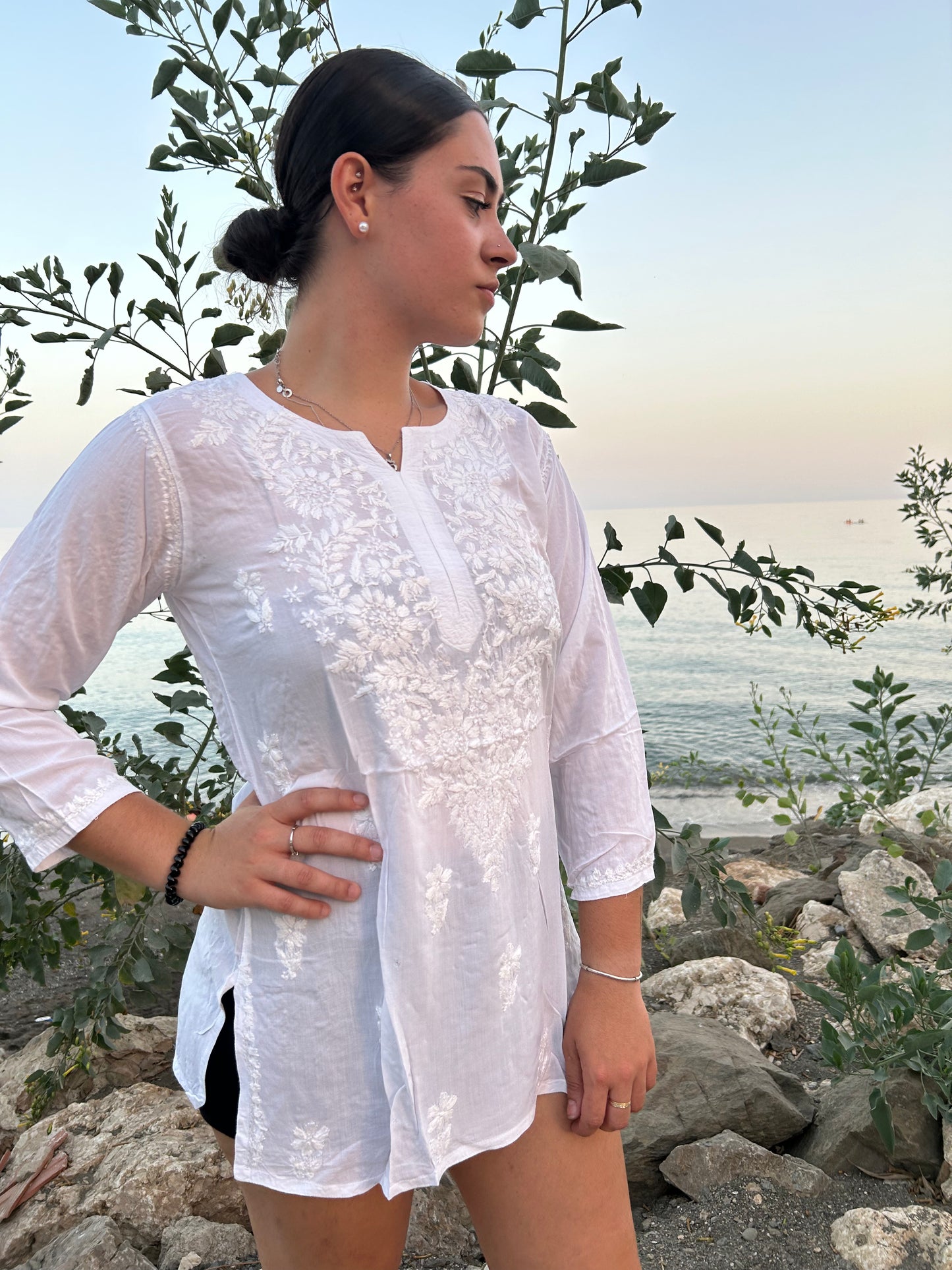 white hand embroidered cotton tunic