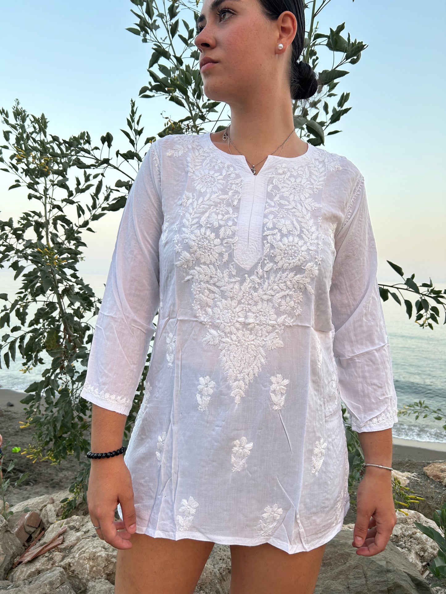 white hand embroidered cotton tunic