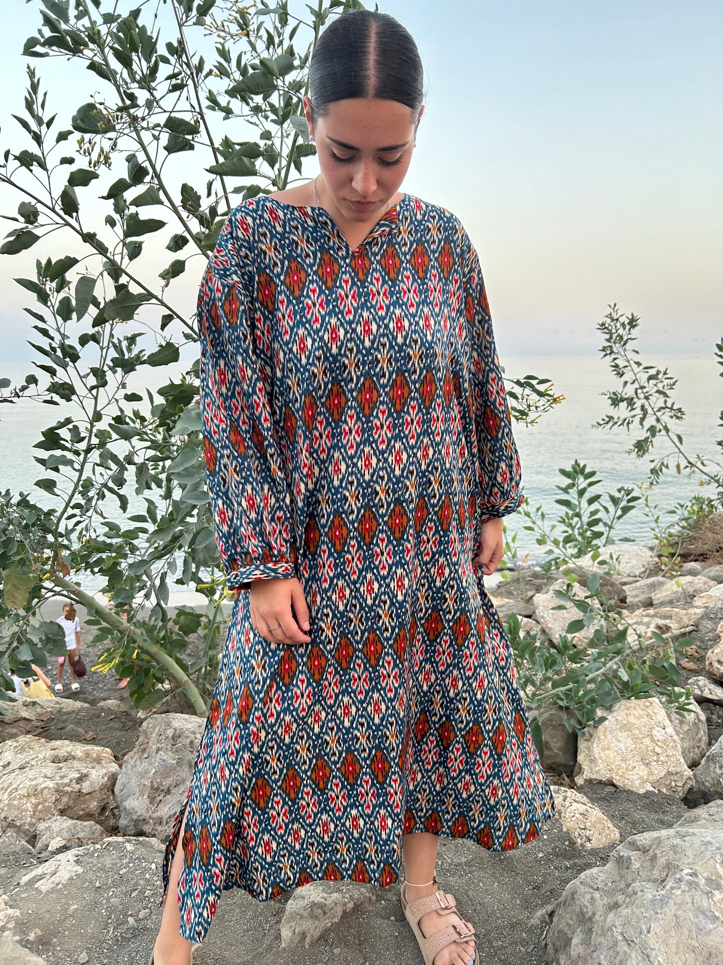 geometric print dress in blended fabric