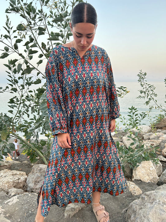 geometric print dress in blended fabric