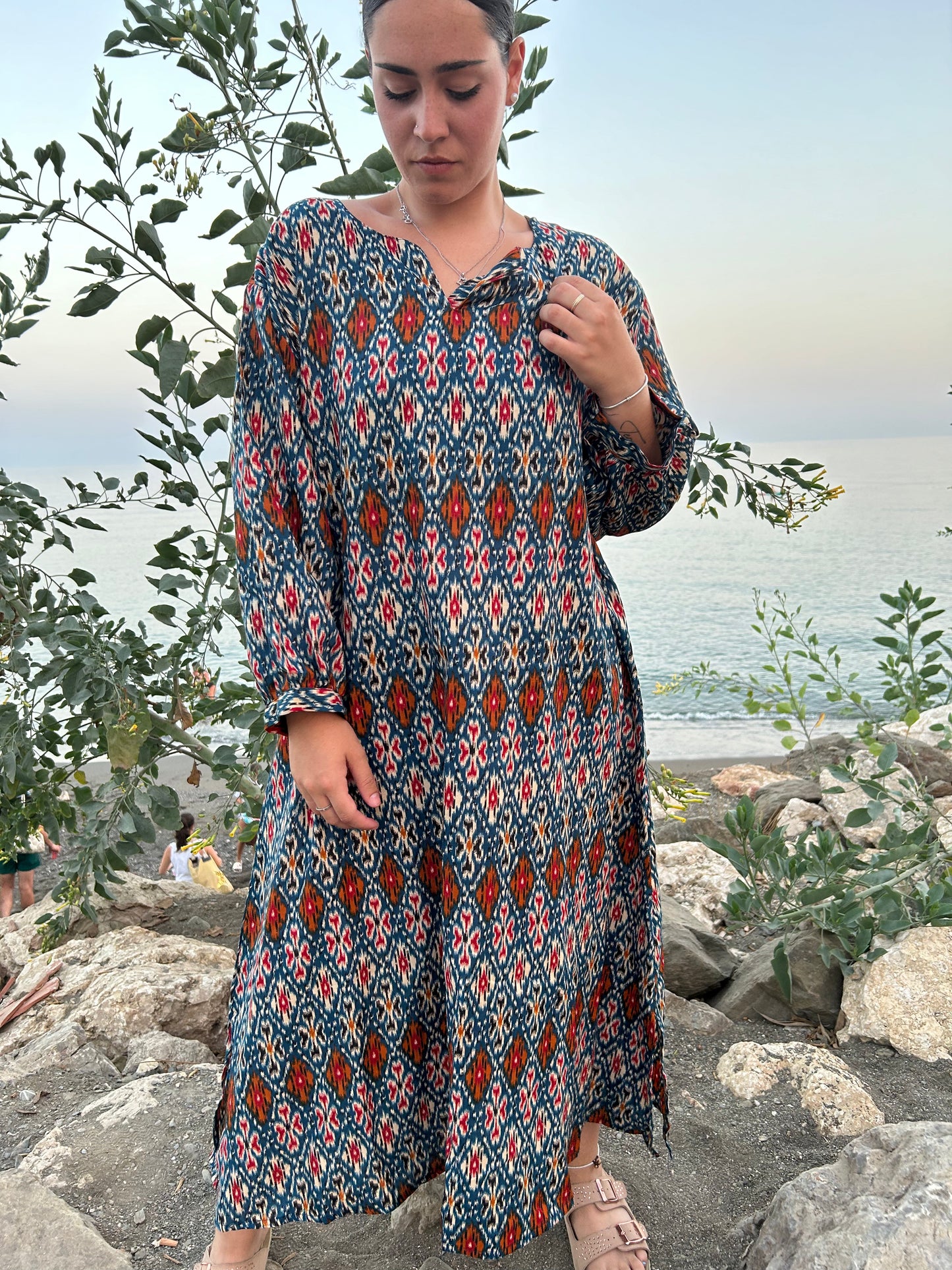 geometric print dress in blended fabric