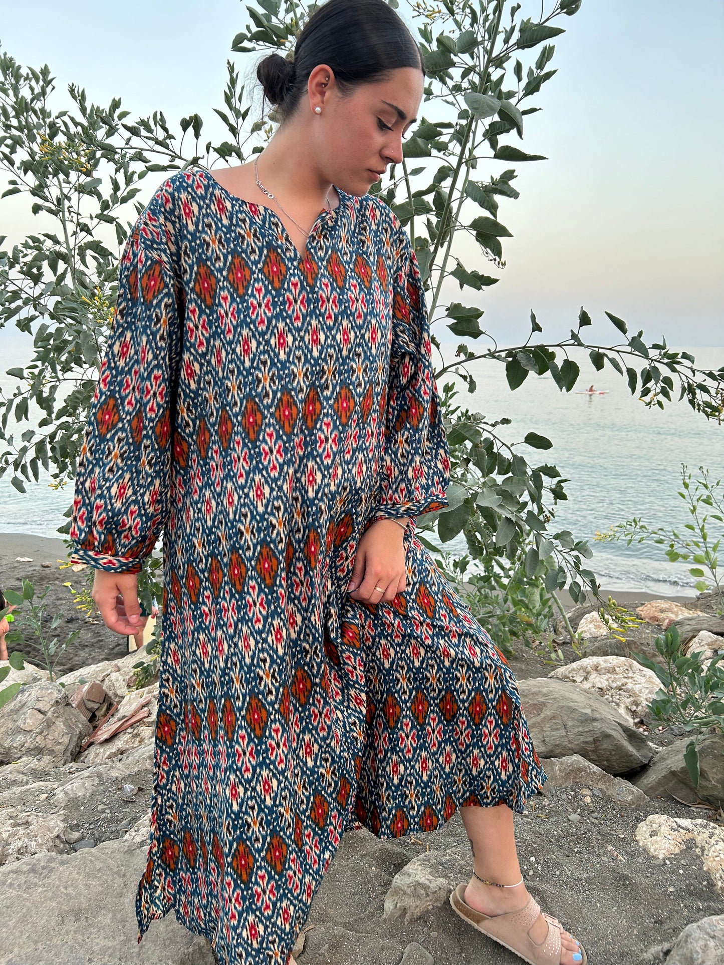 geometric print dress in blended fabric