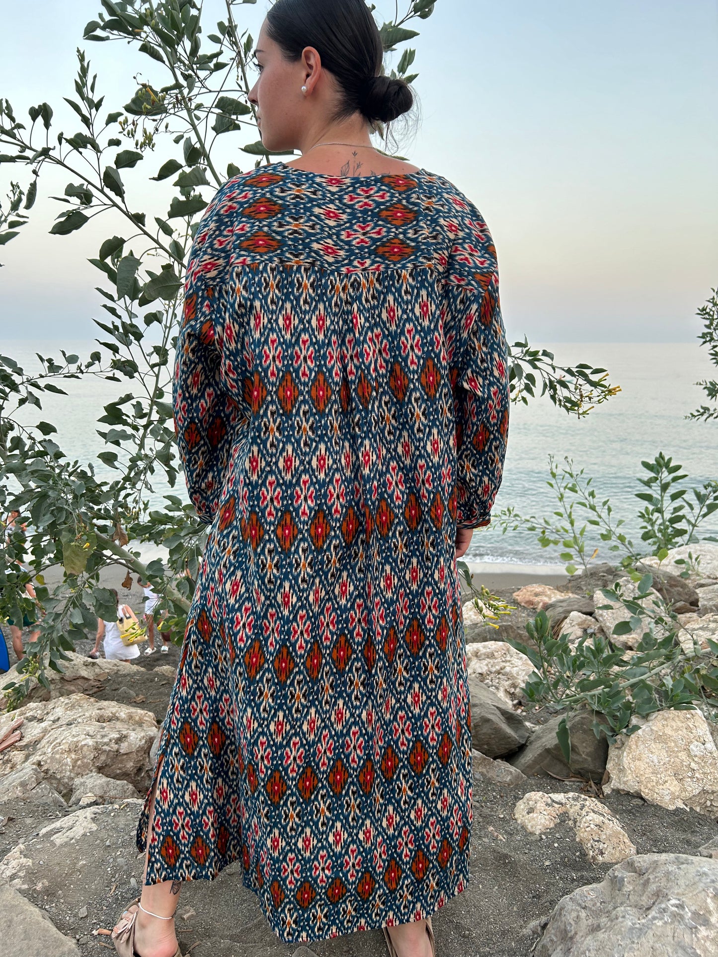 geometric print dress in blended fabric