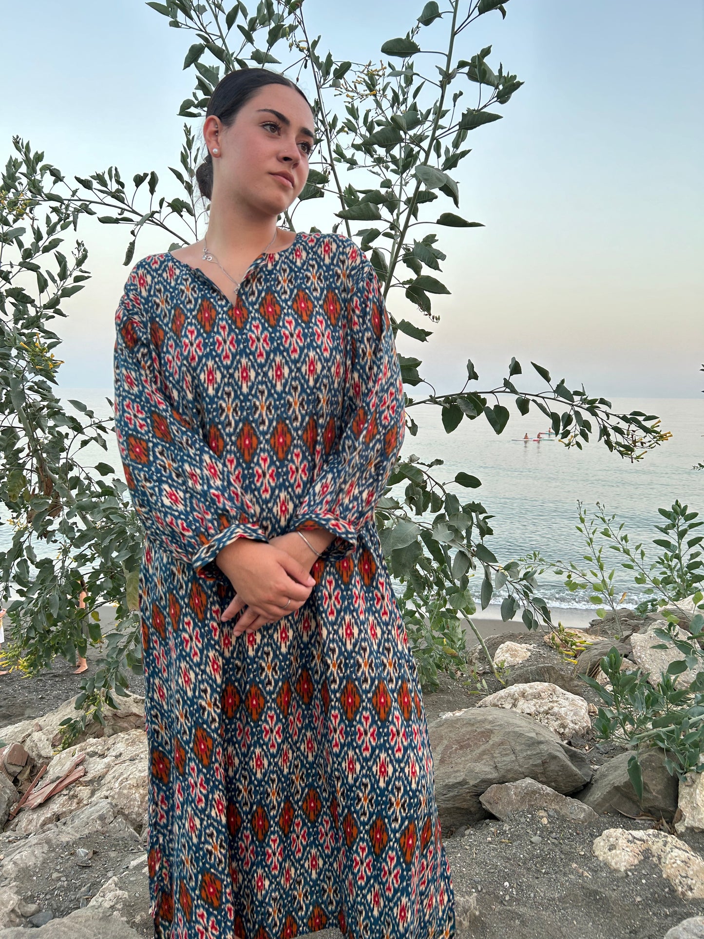 geometric print dress in blended fabric