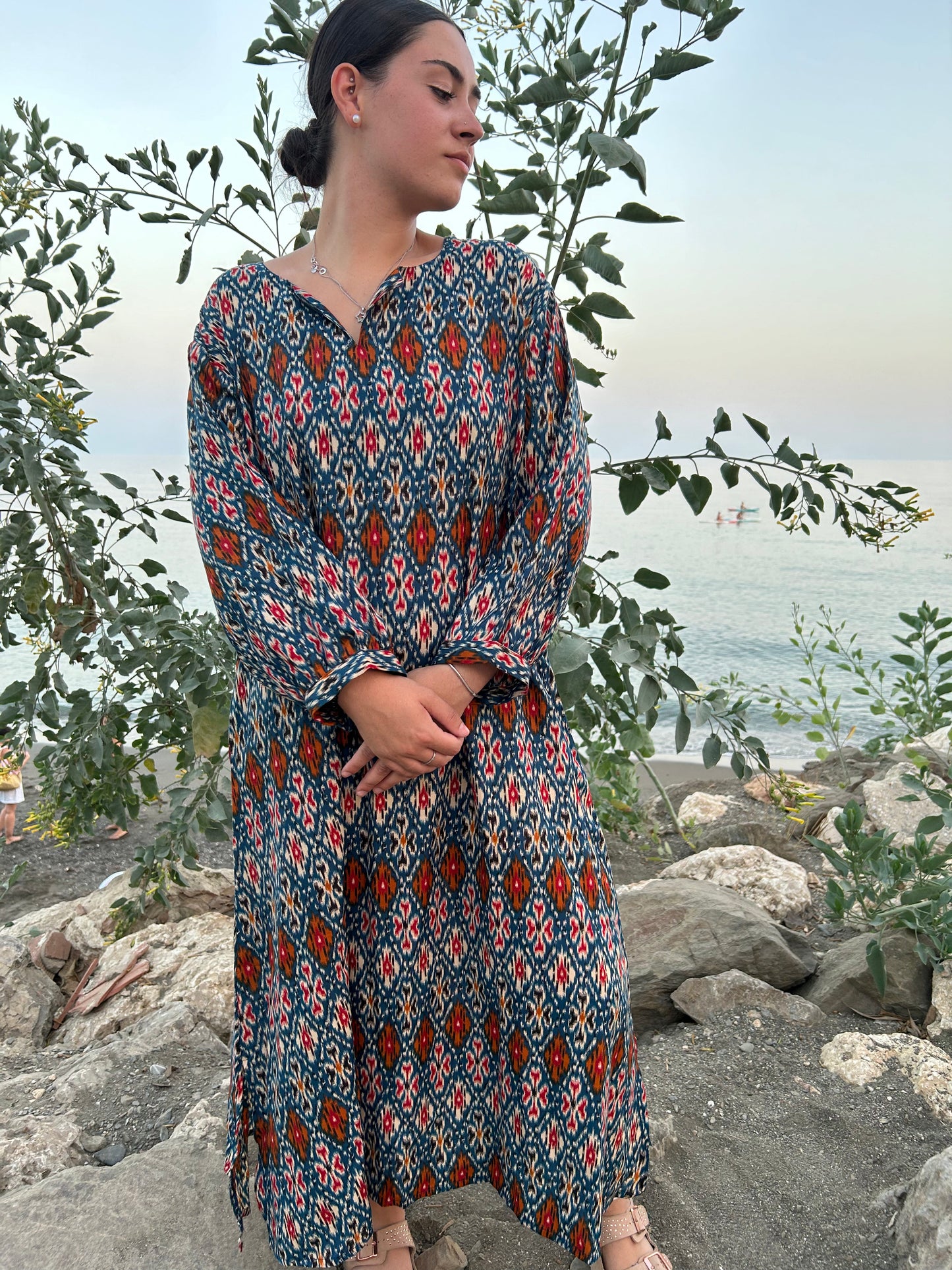 geometric print dress in blended fabric