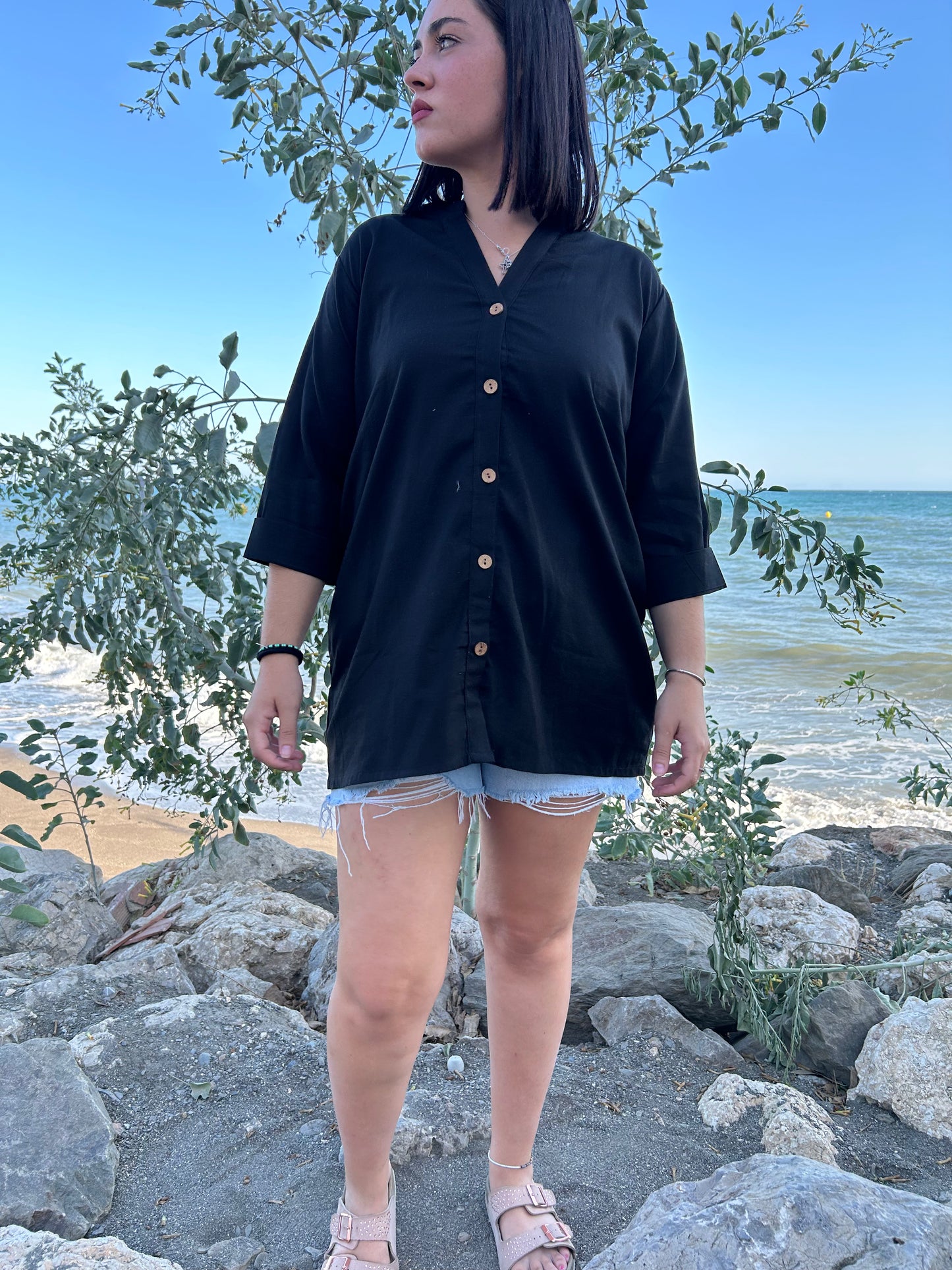 Black cotton button down shirt