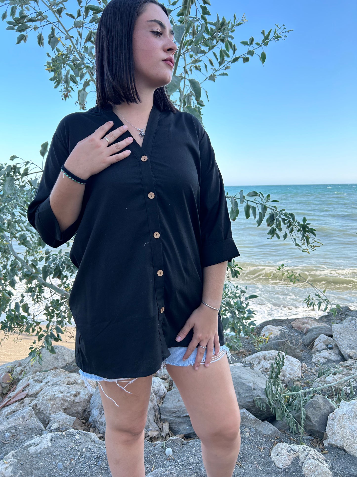 Black cotton button down shirt