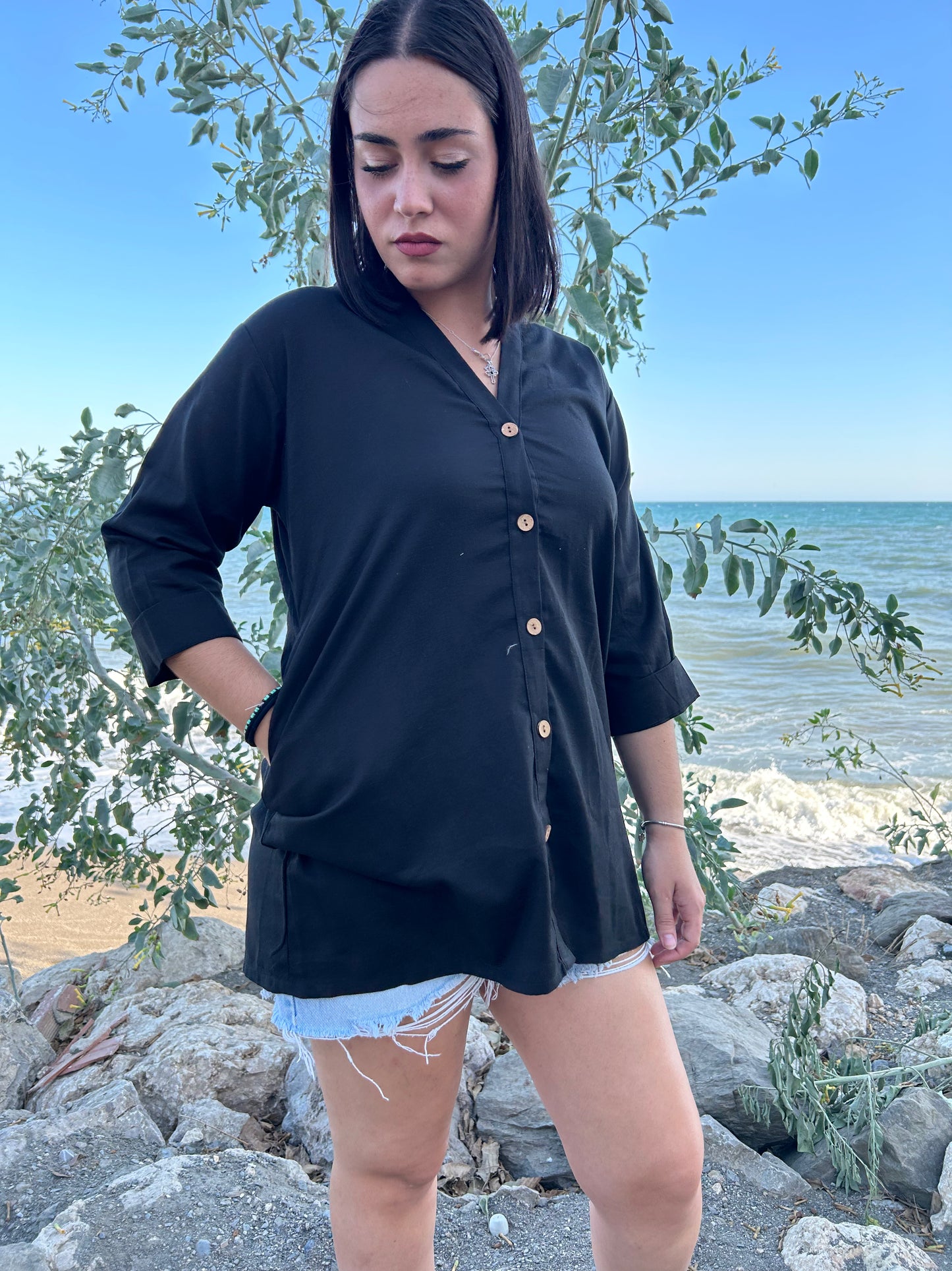 Black cotton button down shirt