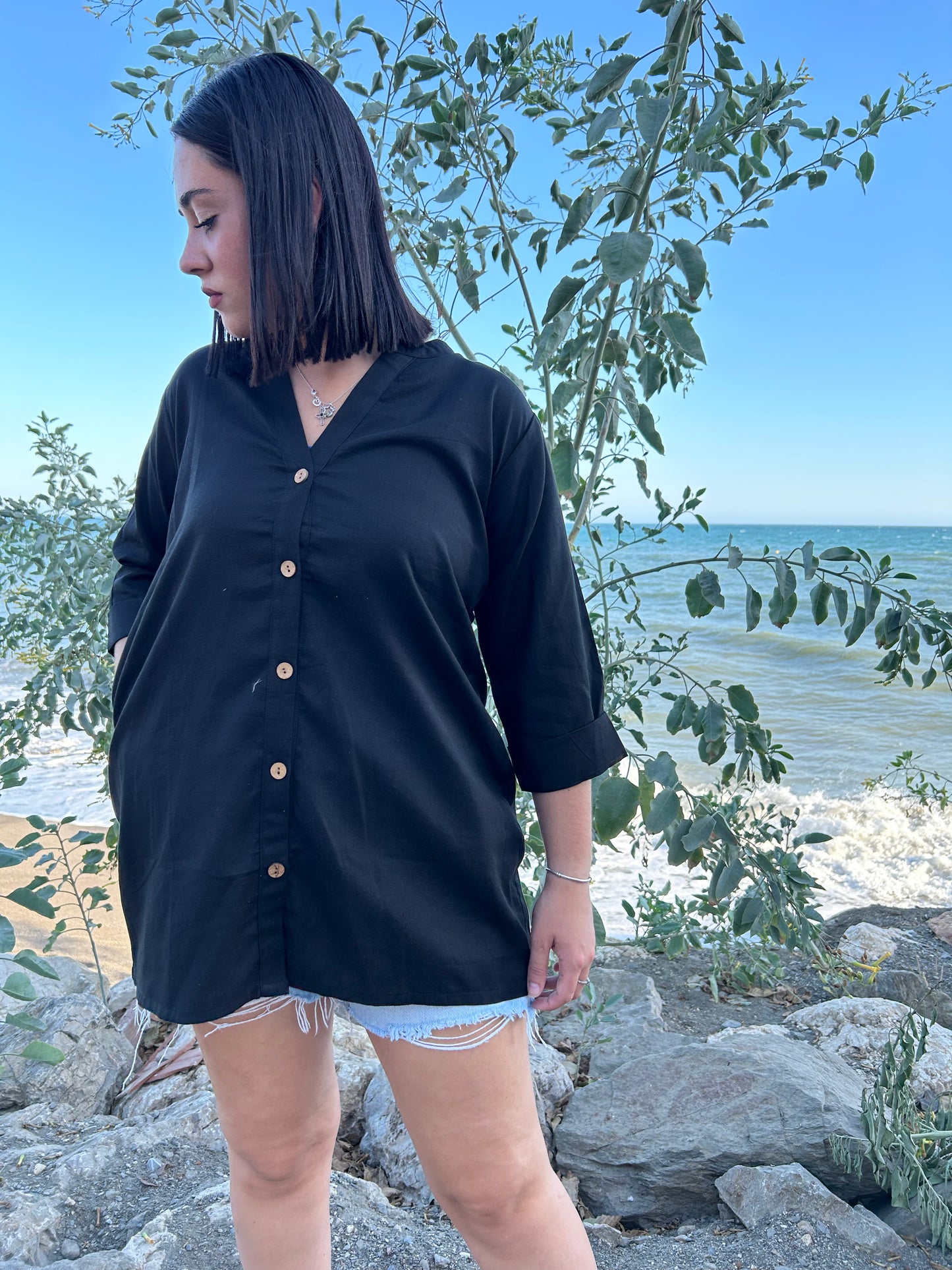 Black cotton button down shirt
