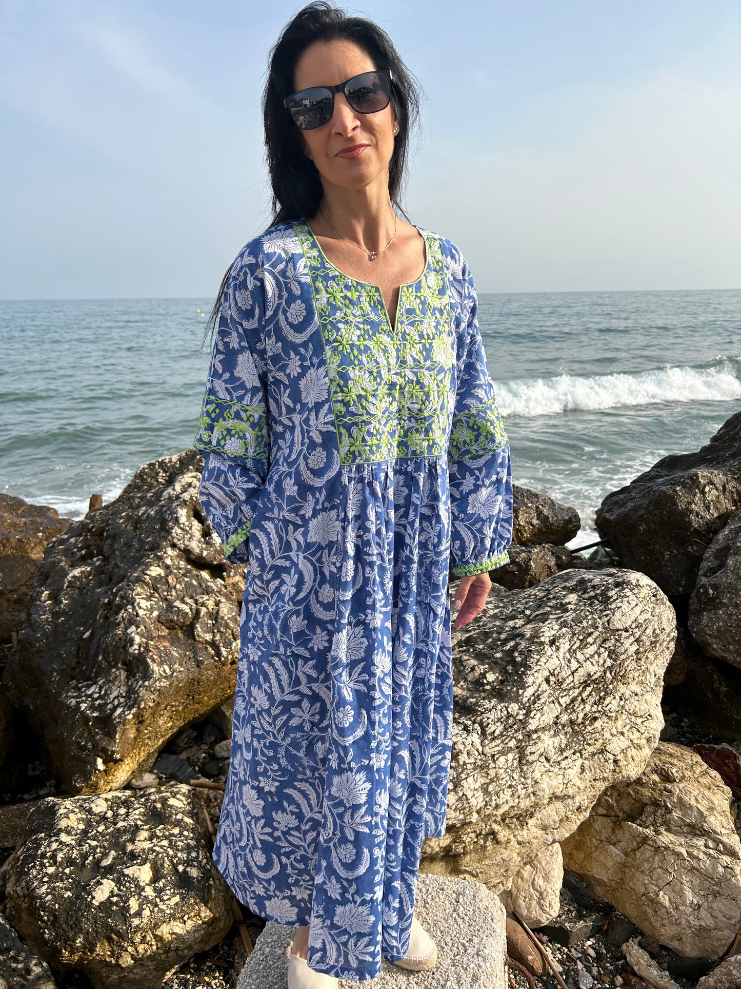 Blue floral Autumn embroidered dress