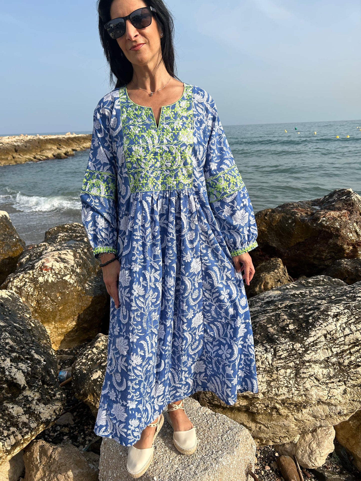 Blue floral Autumn embroidered dress