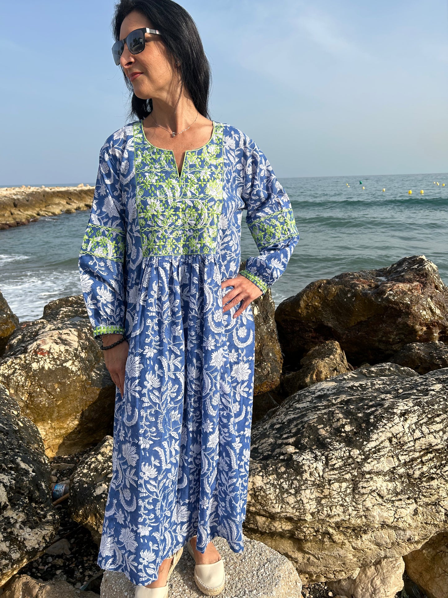 Blue floral Autumn embroidered dress