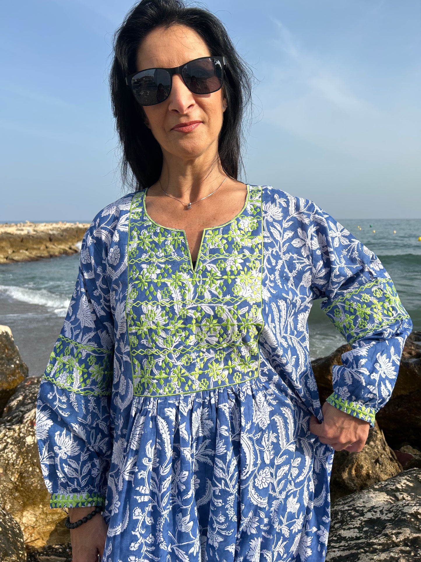 Blue floral Autumn embroidered dress