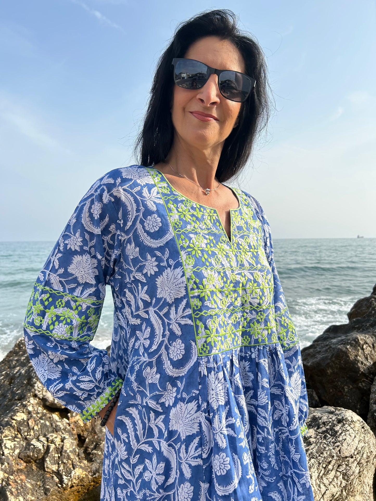 Blue floral Autumn embroidered dress