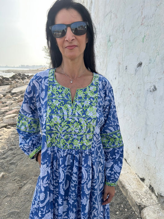 Blue floral Autumn embroidered dress