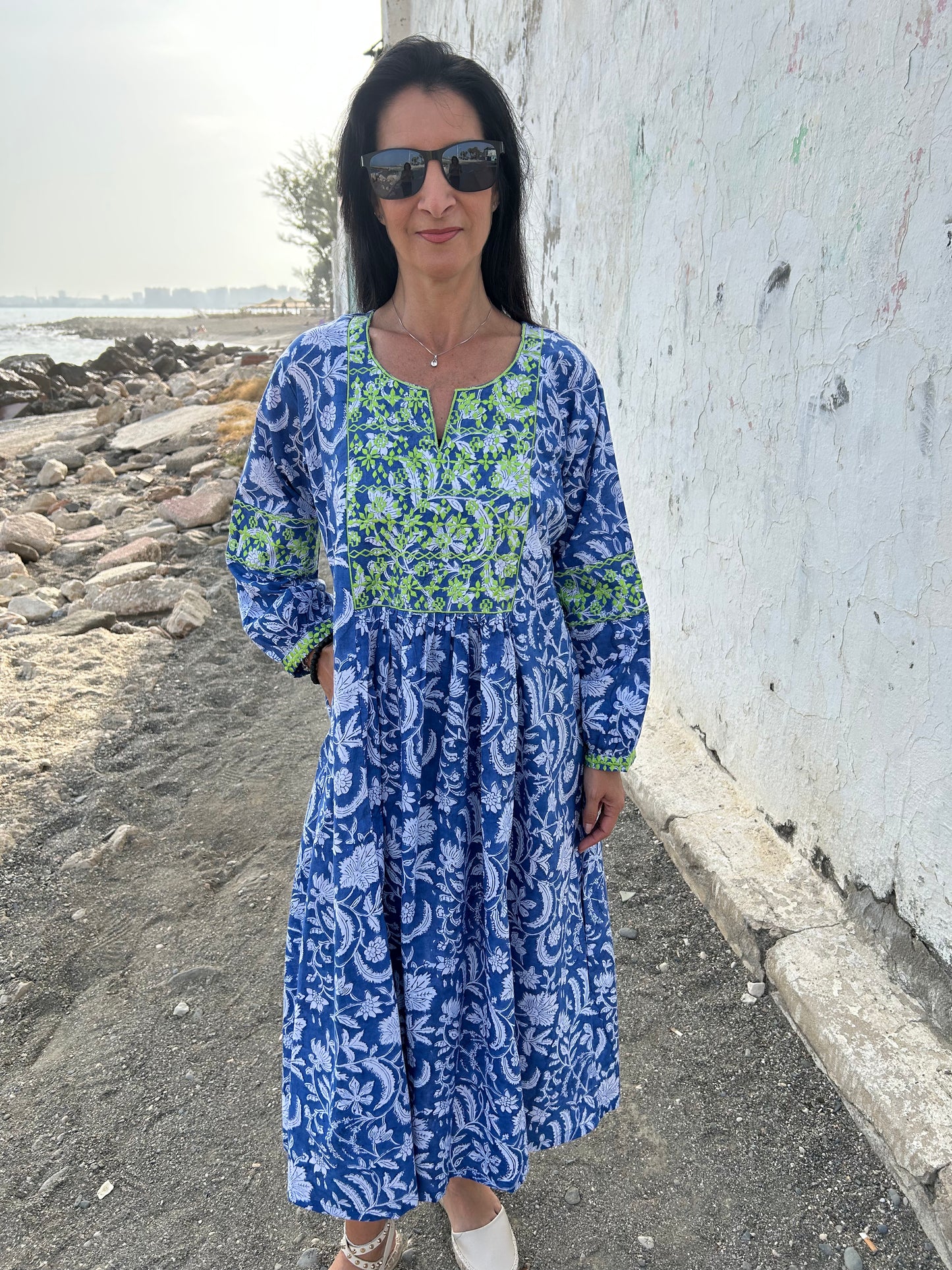 Blue floral Autumn embroidered dress