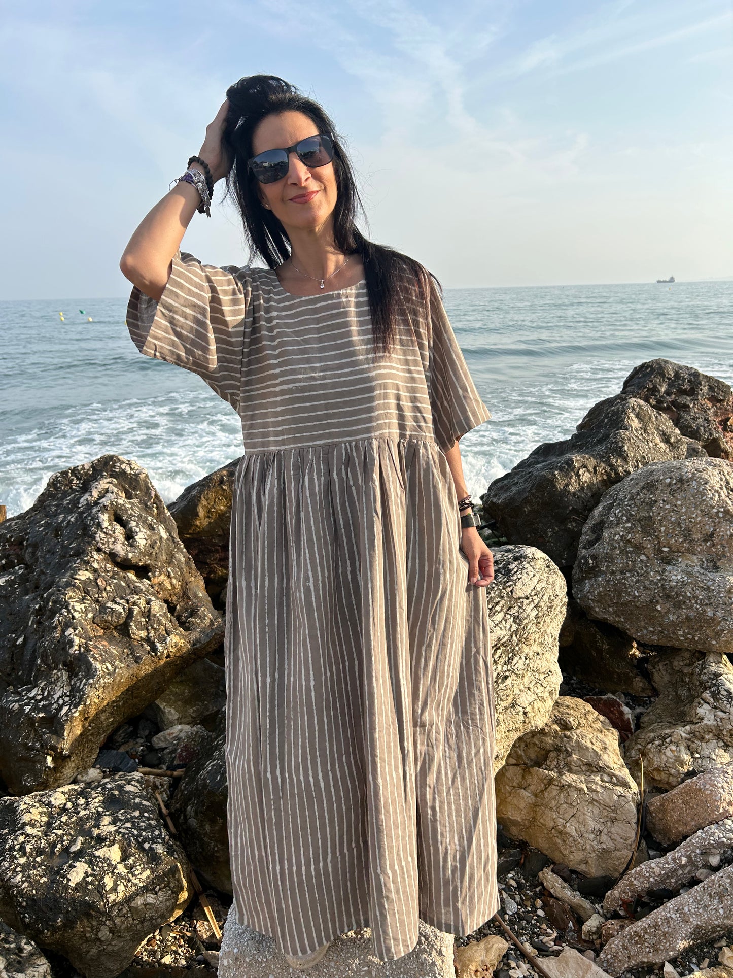 handmade striped beige cotton dress