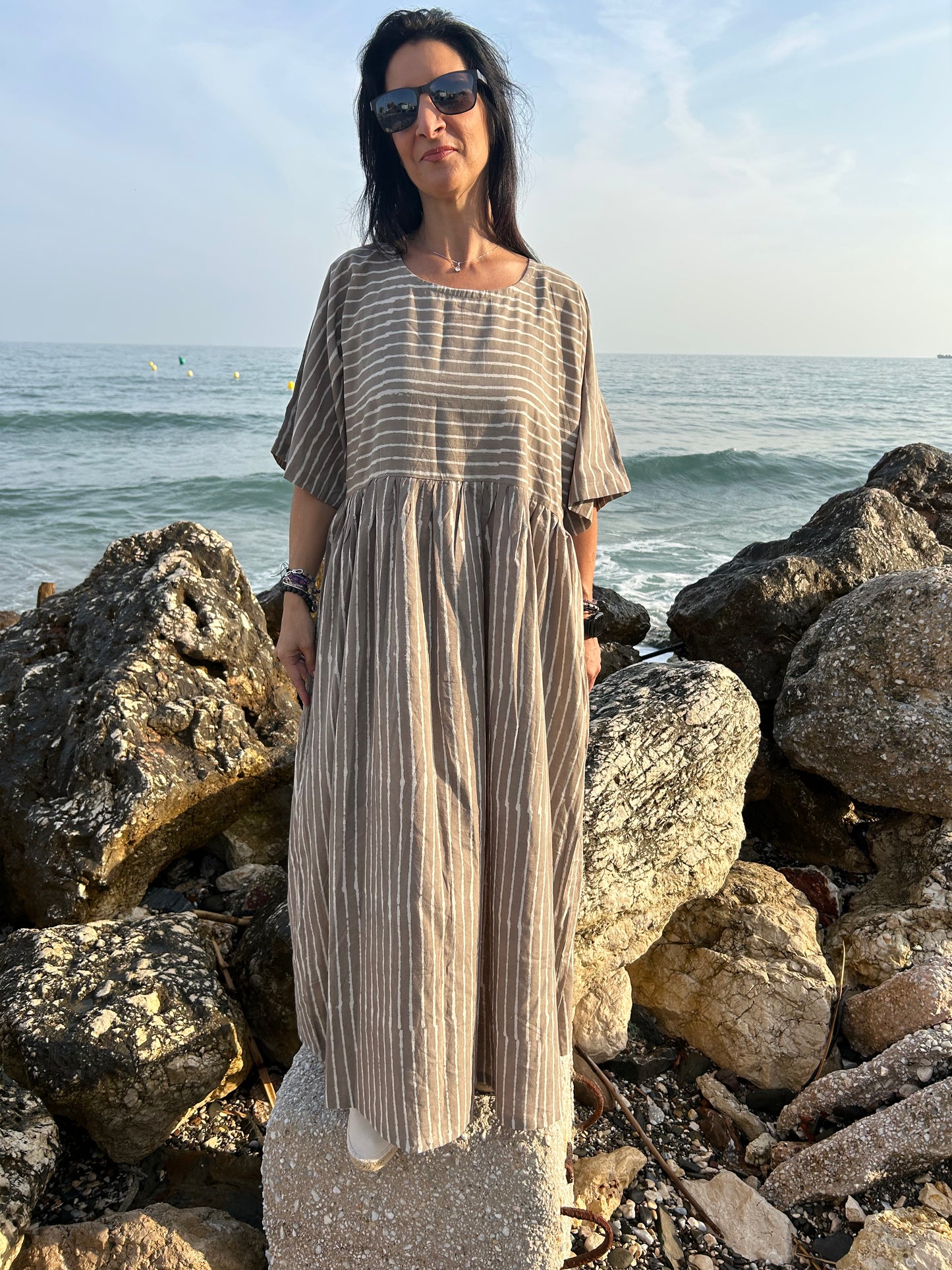 handmade striped beige cotton dress