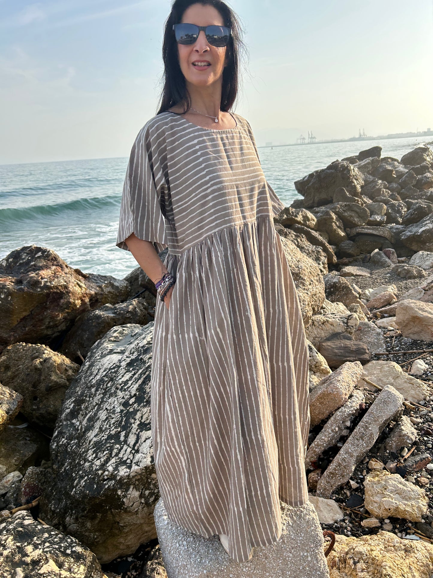 handmade striped beige cotton dress