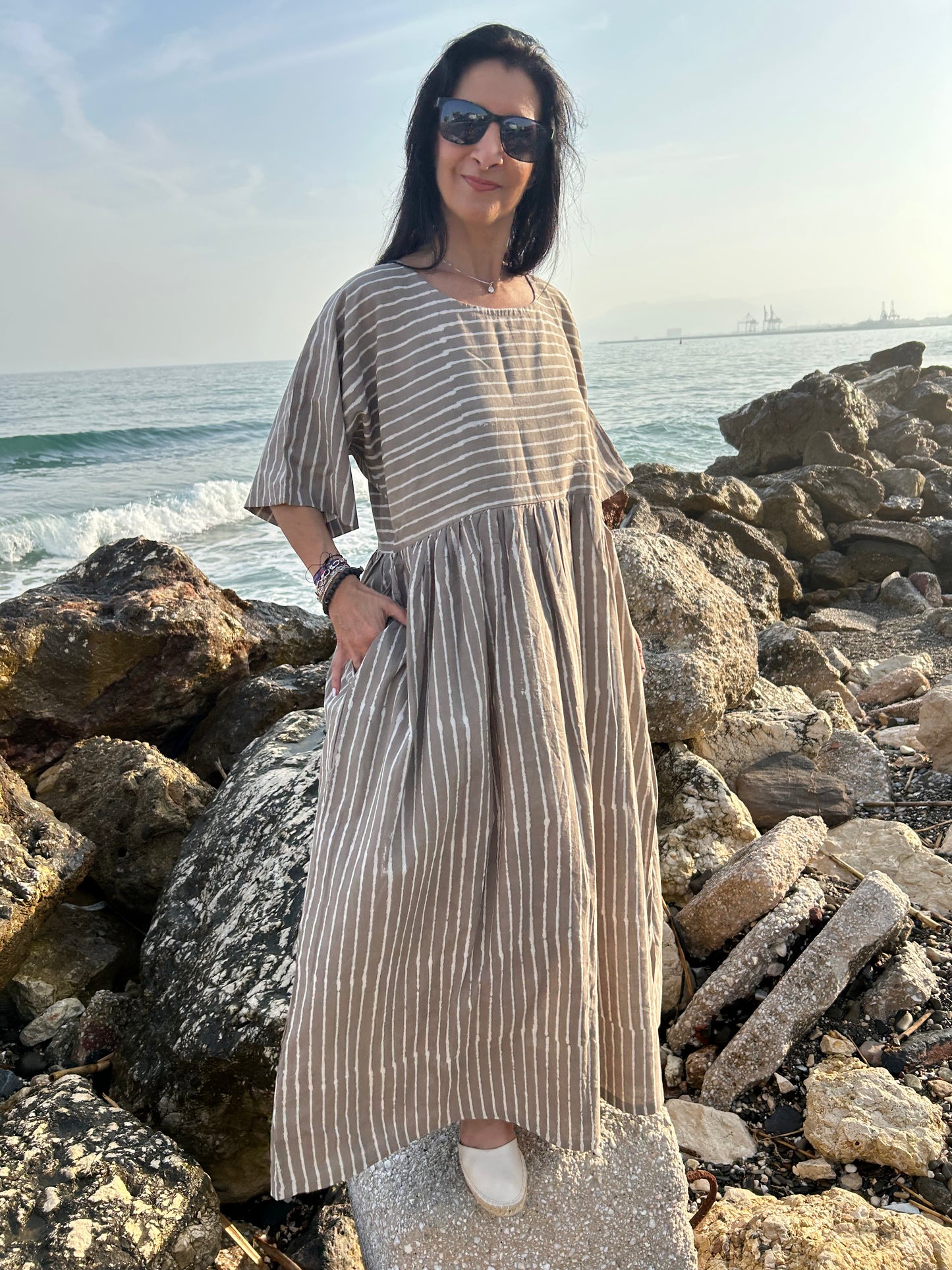 handmade striped beige cotton dress