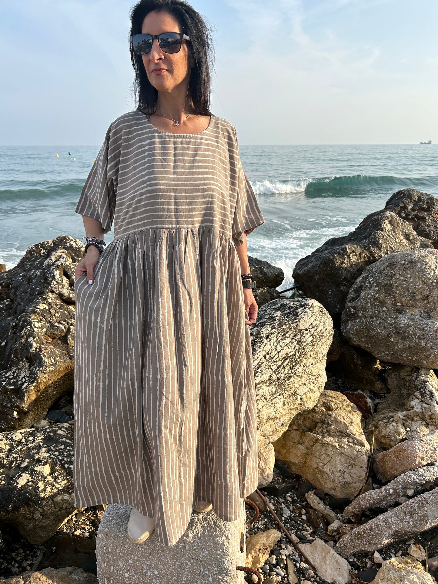 handmade striped beige cotton dress